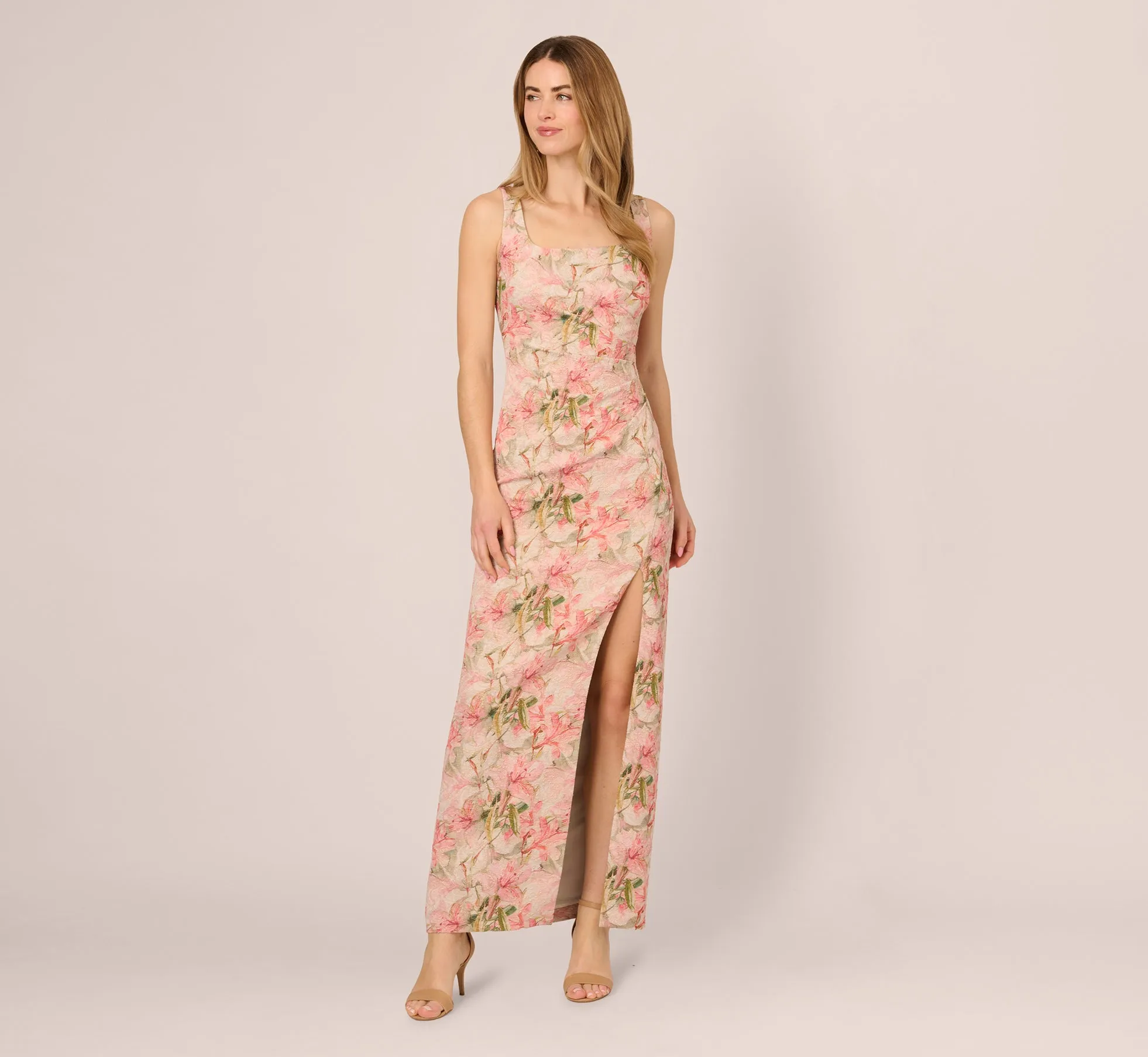 Sleeveless Metallic Floral Matelasse Gown In Coral Multi sold by Adrianna Papell
