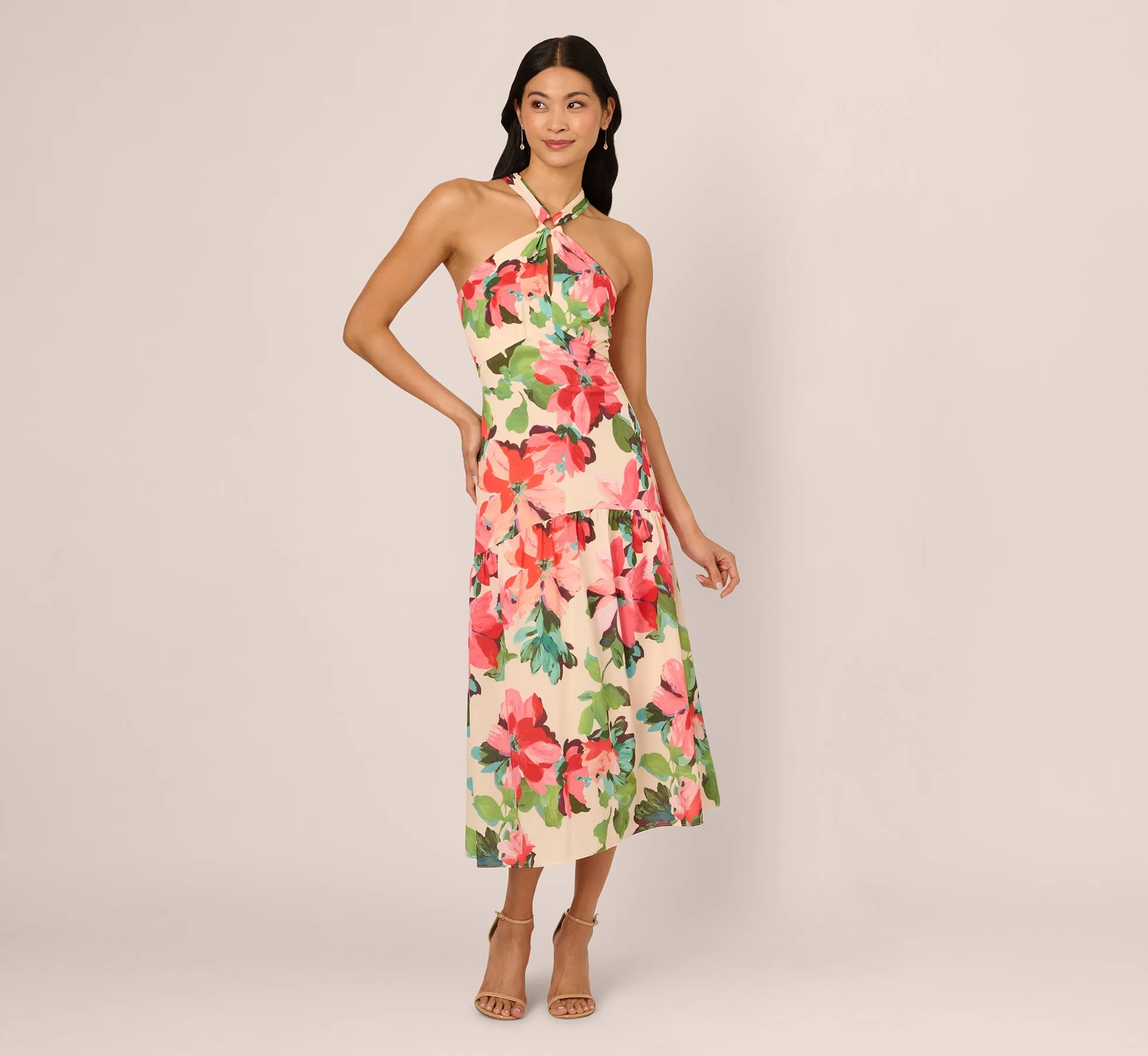 Floral Keyhole Halter Flounce Dress In Blush Multi sold by Adrianna Papell