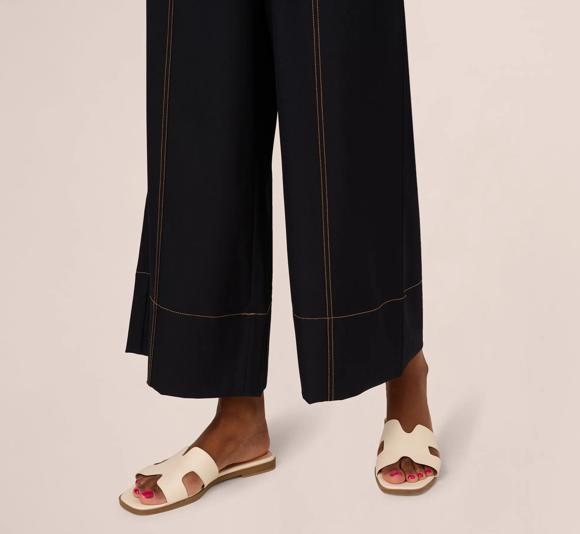 Contrast Stitched Wide Leg Drawstring Pant In Navy Khaki sold by Adrianna Papell product image thumbnail 4