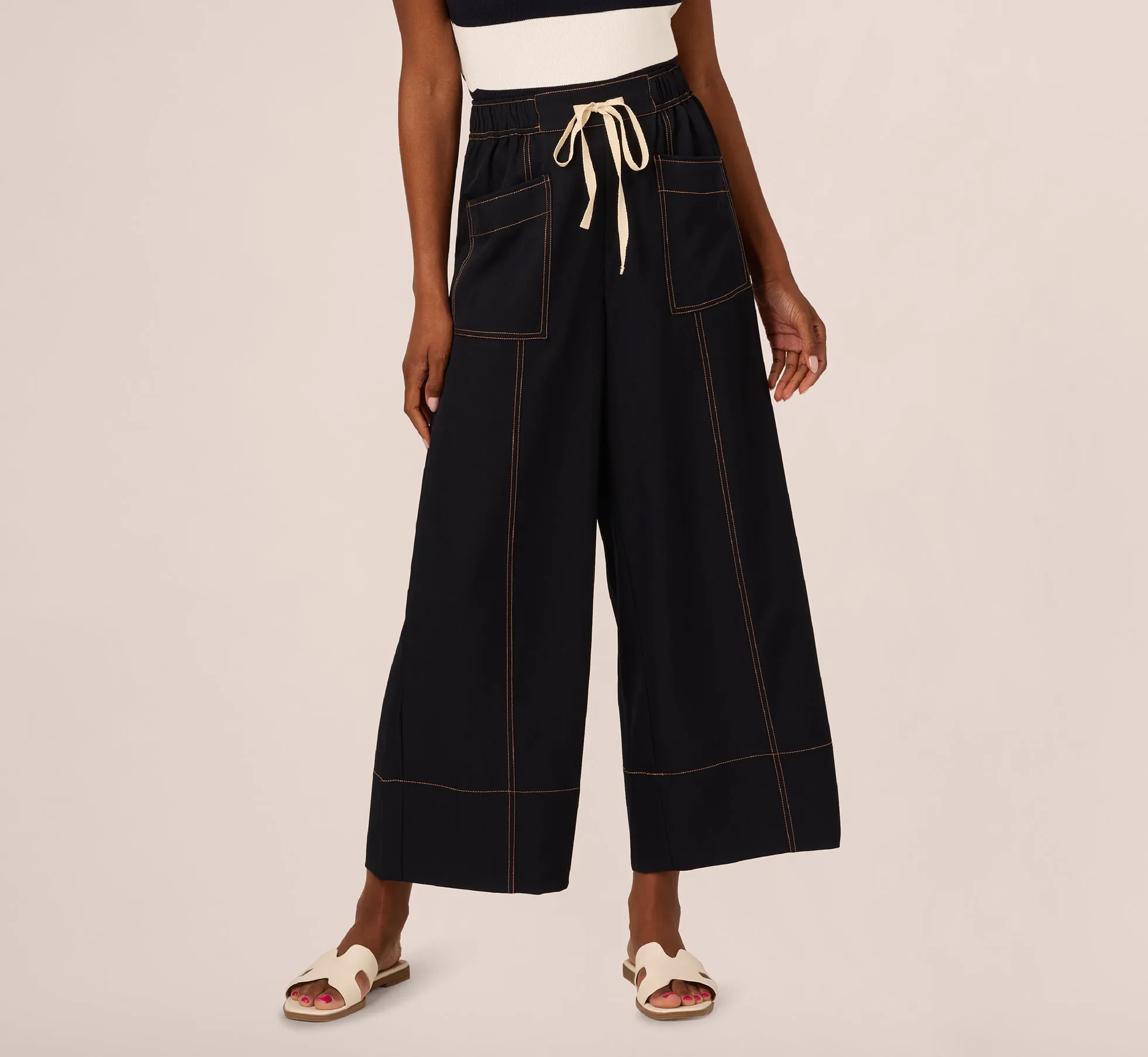 Contrast Stitched Wide Leg Drawstring Pant In Navy Khaki sold by Adrianna Papell