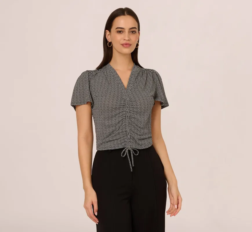 Flutter Sleeve Ruched Front Printed Top In Black Cloud Carnation sold by Adrianna Papell