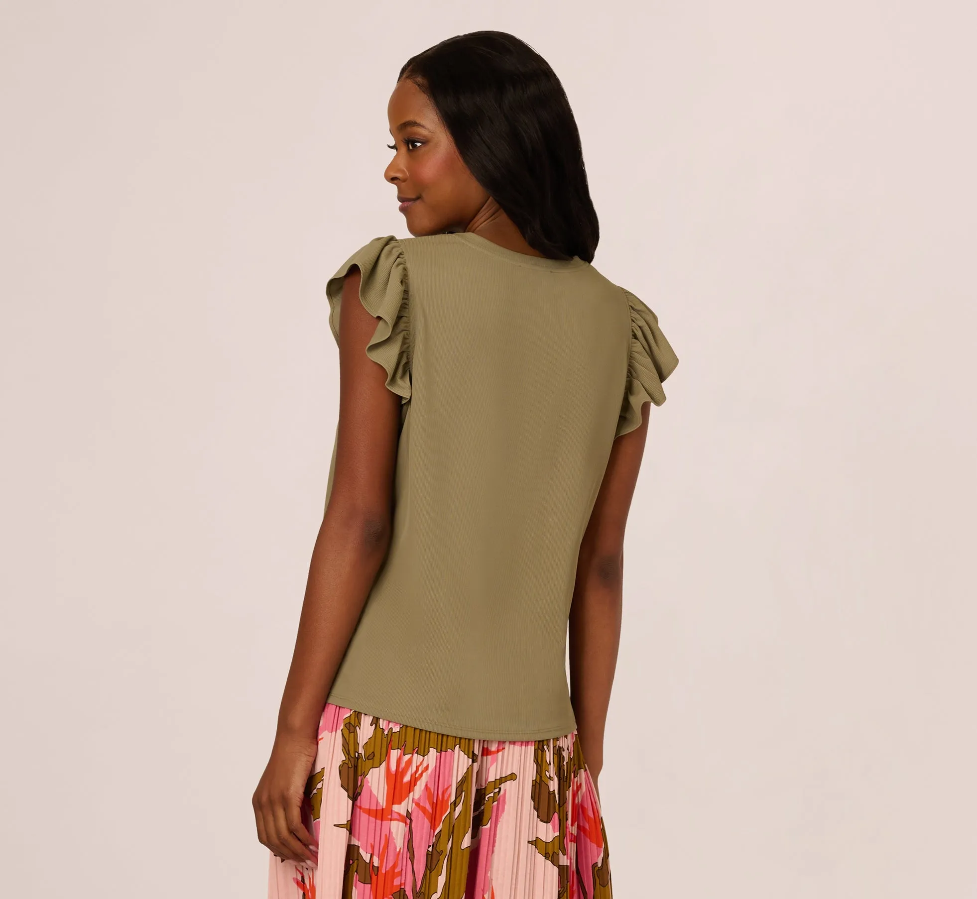 Flutter Sleeve Rib Knit Top In Army Green sold by Adrianna Papell product image thumbnail 5