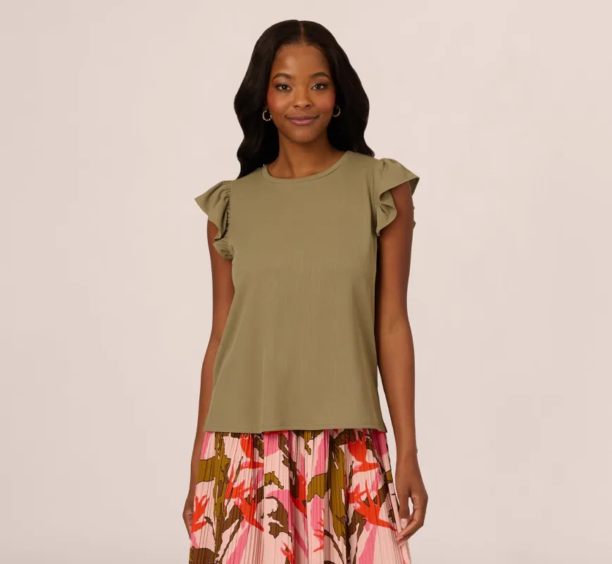 Flutter Sleeve Rib Knit Top In Army Green sold by Adrianna Papell