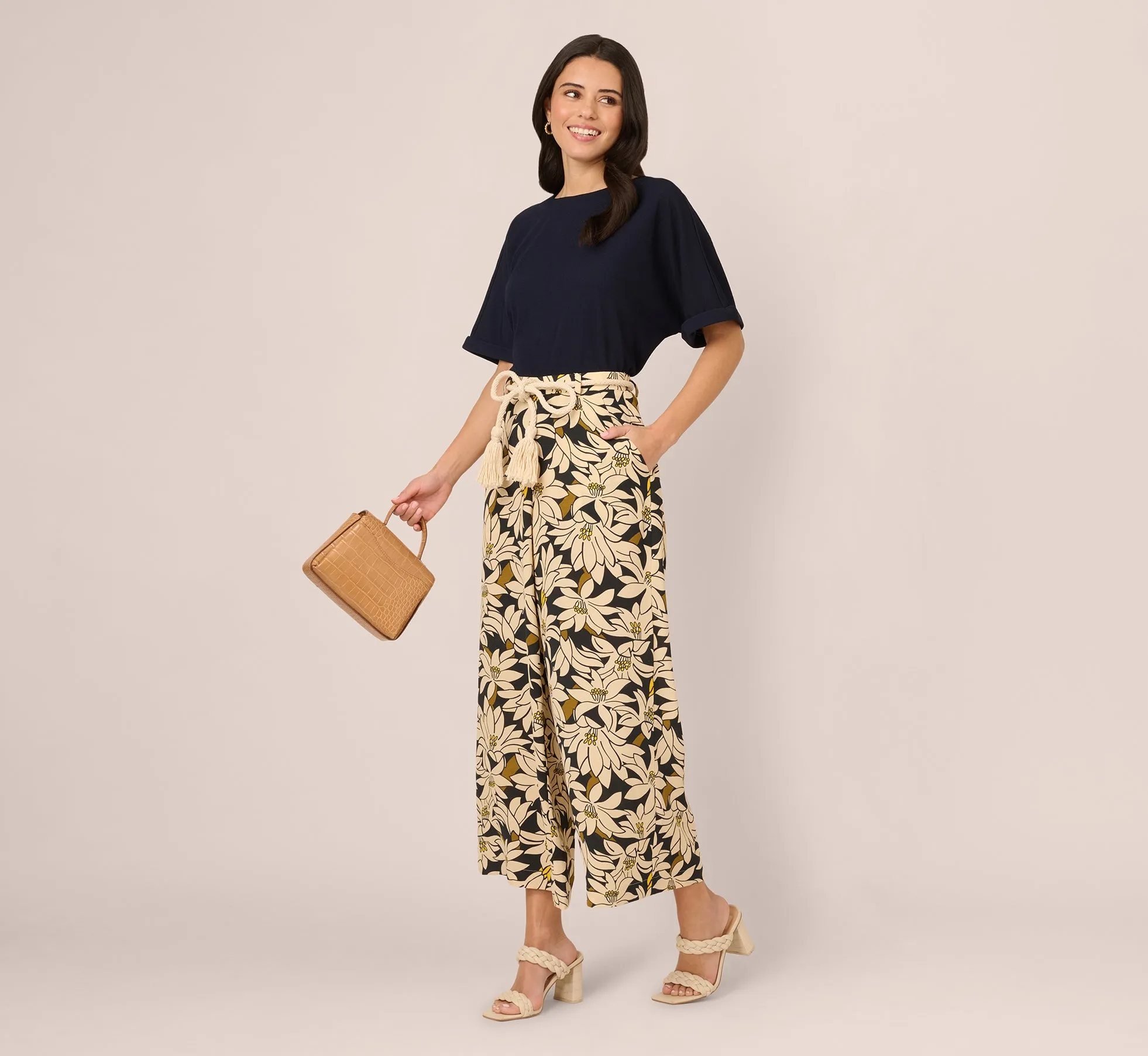 Rope Belt Floral Printed Wide Leg Pant In Black Olive Lily sold by Adrianna Papell product image thumbnail 2