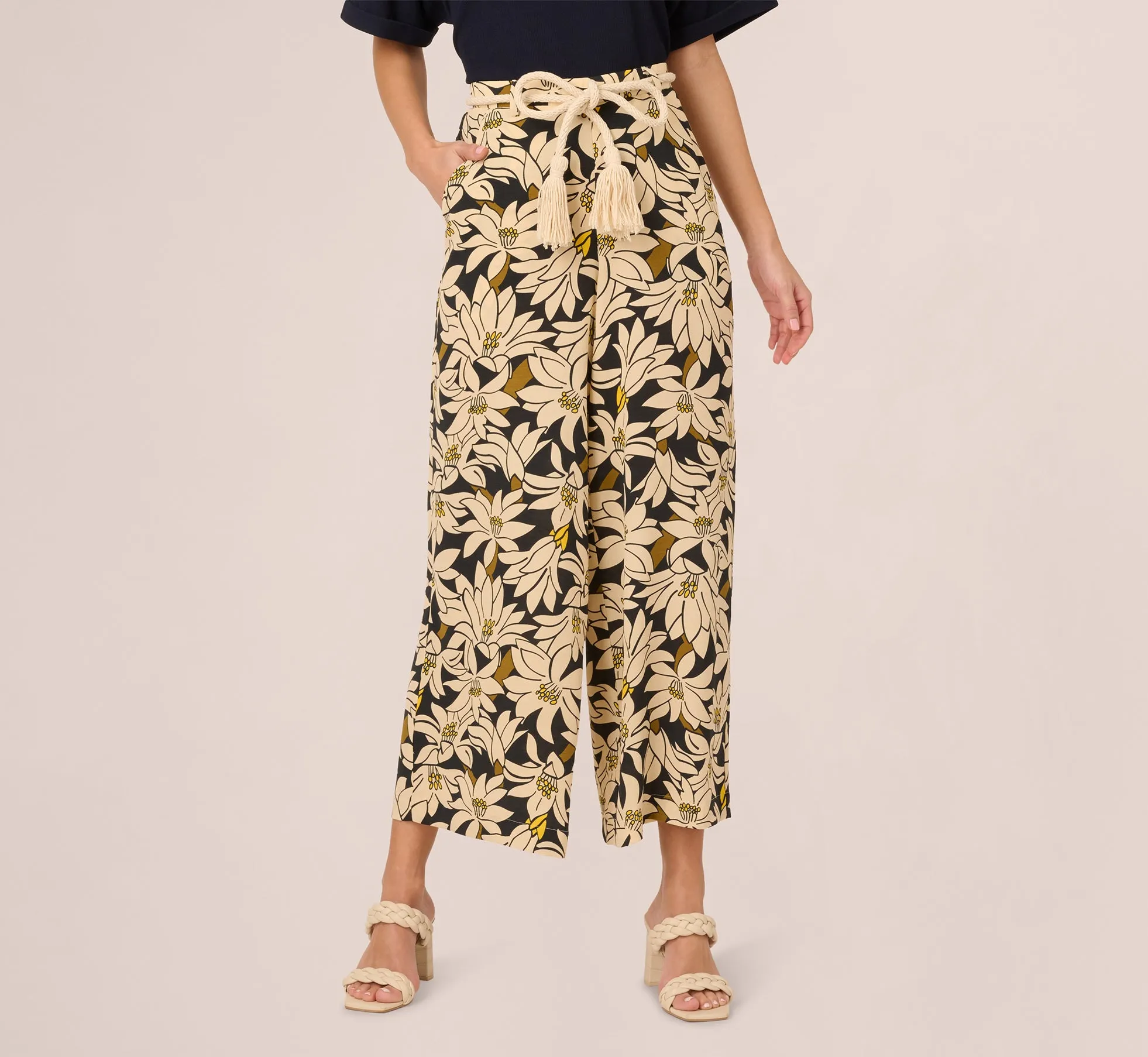 Rope Belt Floral Printed Wide Leg Pant In Black Olive Lily sold by Adrianna Papell