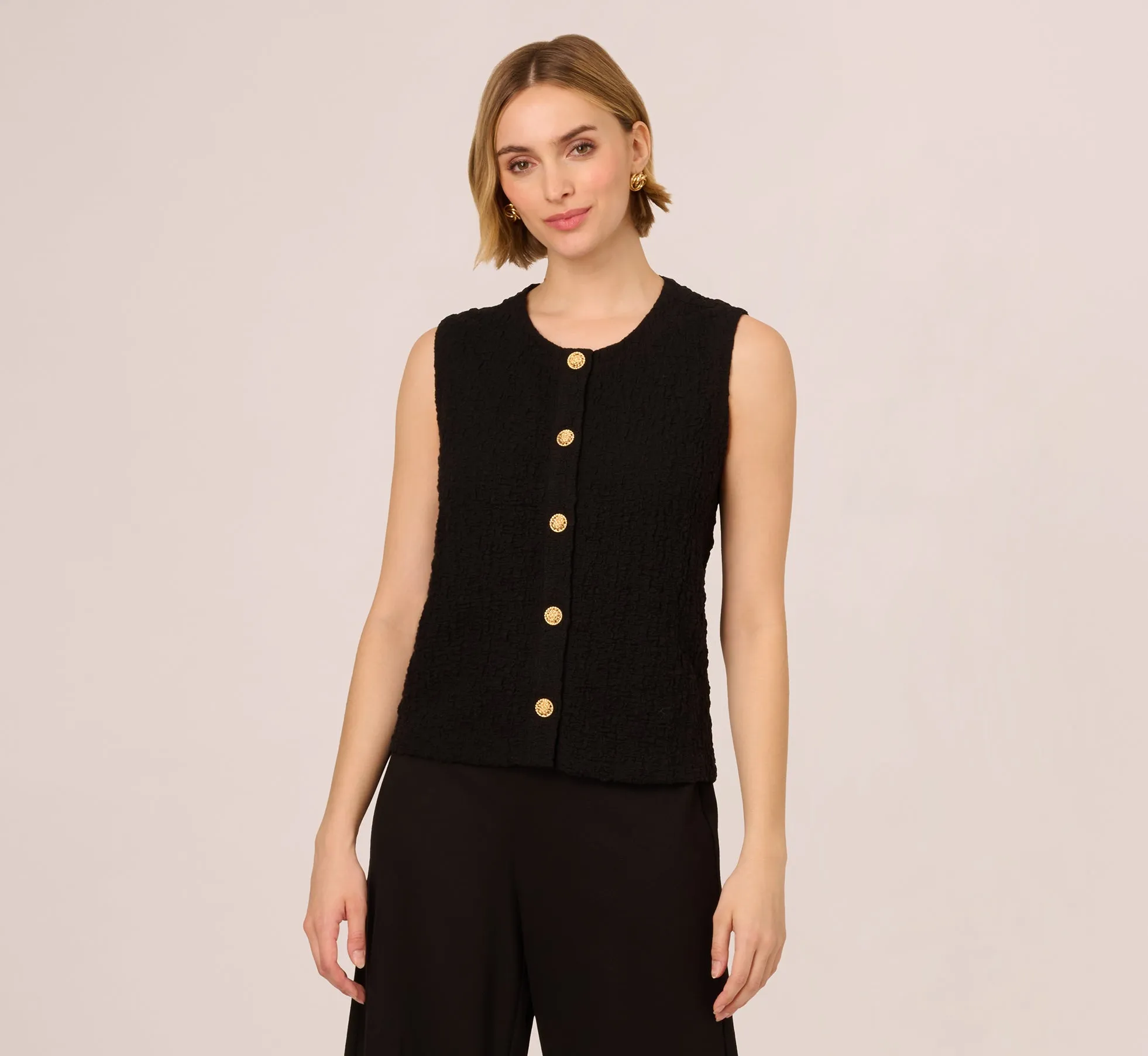 Crew Neck Textured Vest Cardigan In Black sold by Adrianna Papell