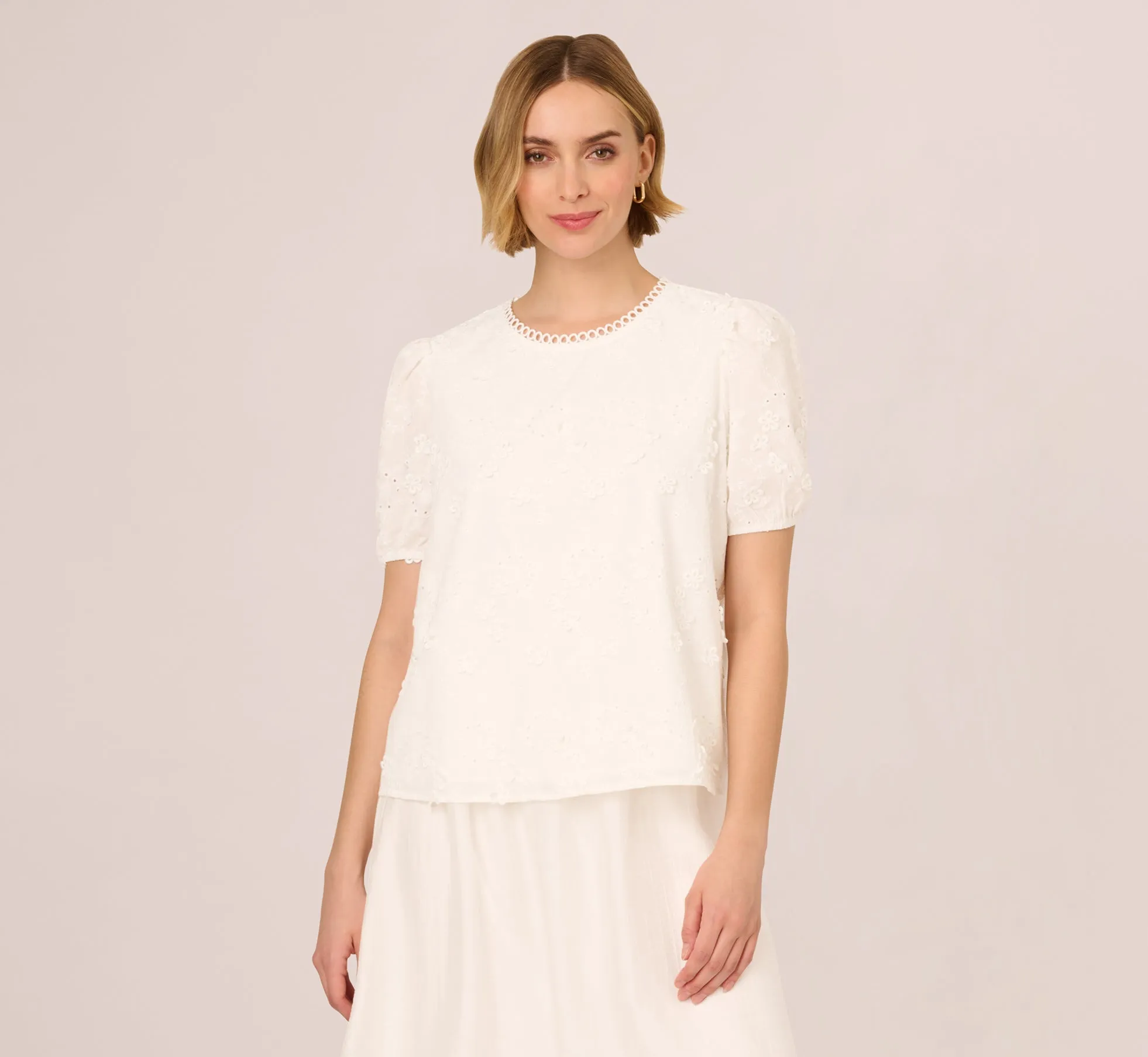 Short Sleeve 3D Eyelet Top In White sold by Adrianna Papell