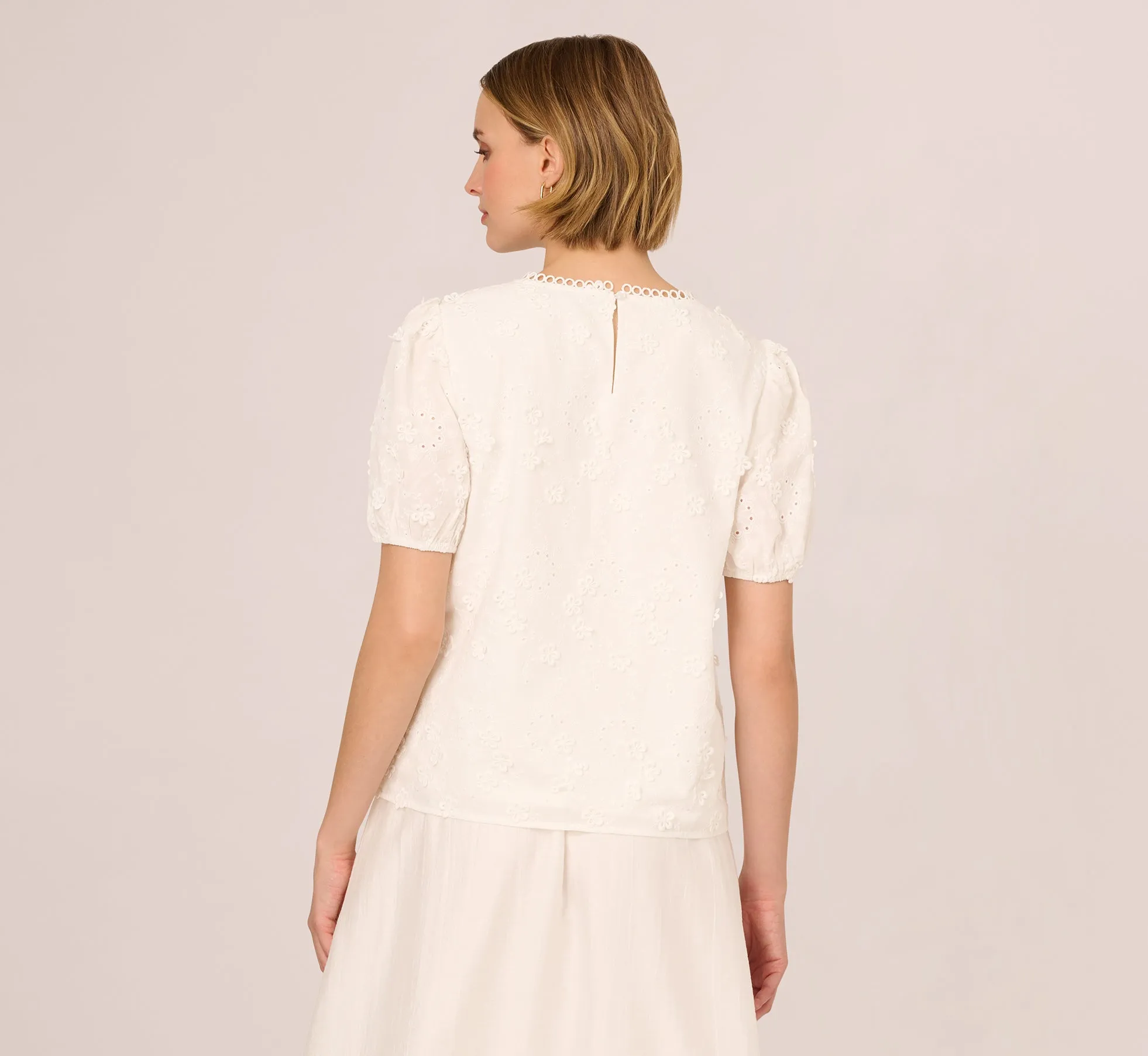 Short Sleeve 3D Eyelet Top In White sold by Adrianna Papell product image thumbnail 5