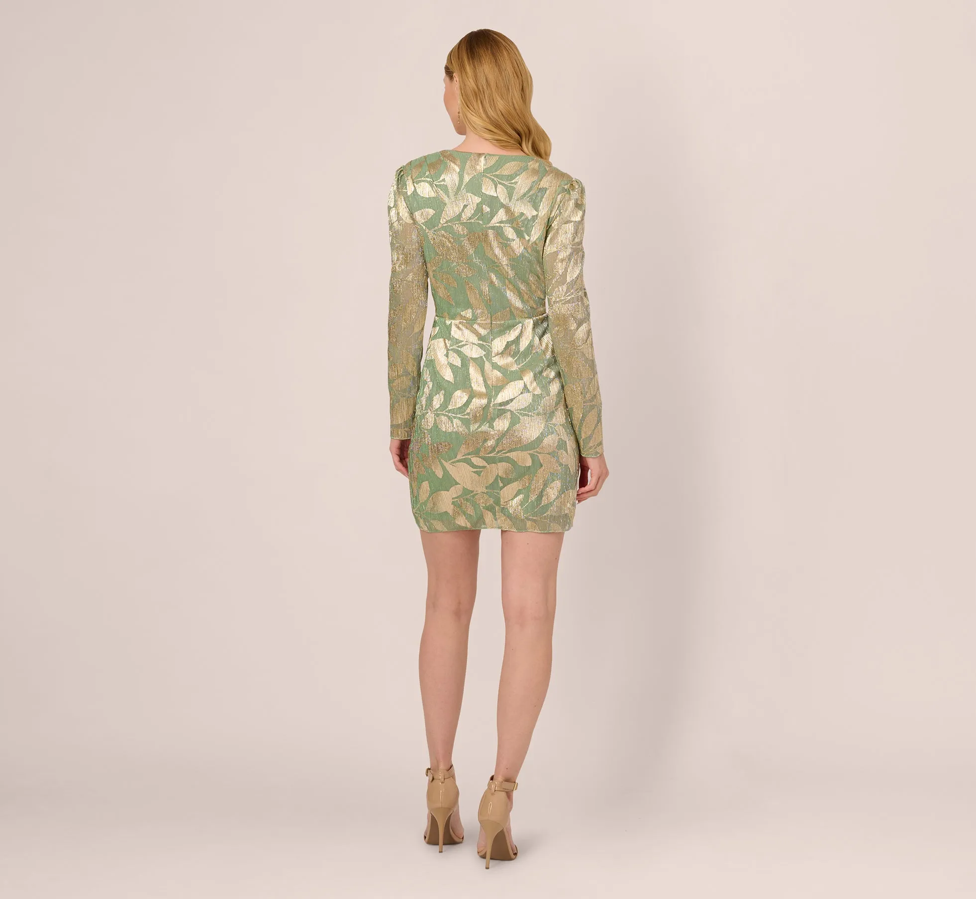 Long Sleeve Foil Short Wrap Dress In Sage Gold sold by Adrianna Papell product image thumbnail 5