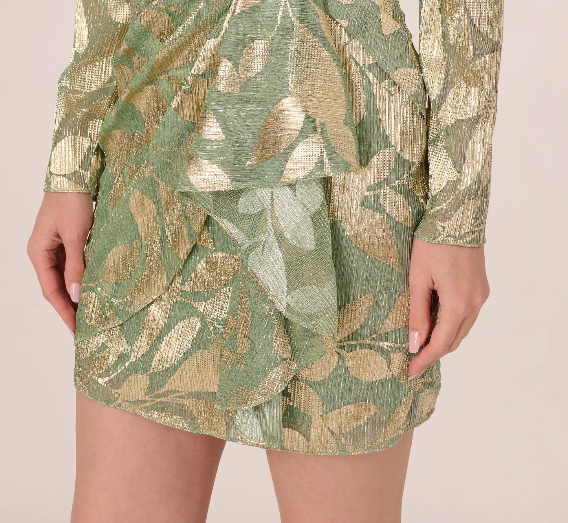 Long Sleeve Foil Short Wrap Dress In Sage Gold sold by Adrianna Papell product image thumbnail 4