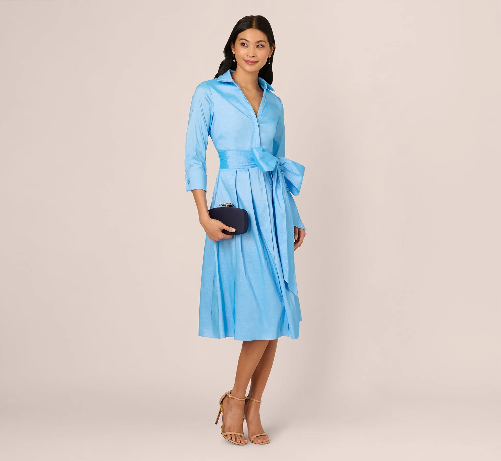 Three Quarter Sleeve Taffeta Midi Shirt Dress In Bluebell sold by Adrianna Papell product image thumbnail 2