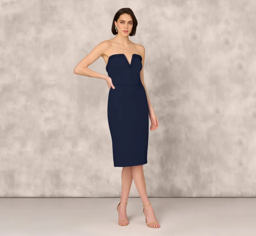 Strapless Bonded Crepe Midi Dress With Beaded Notch Neckline In Twilight sold by Adrianna Papell