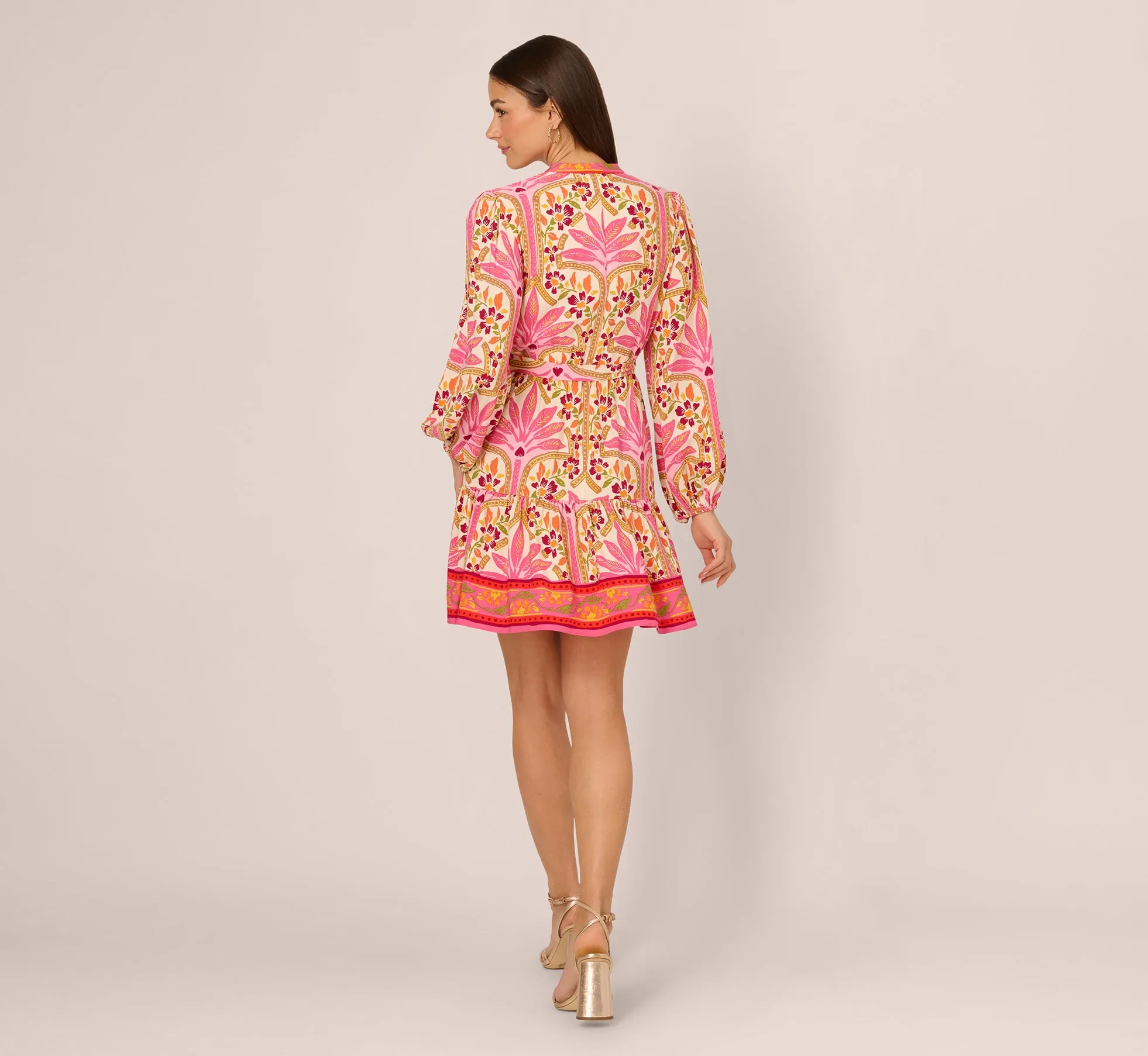 Long Sleeve Printed Short Flounce Dress In Pink Multi sold by Adrianna Papell product image thumbnail 5