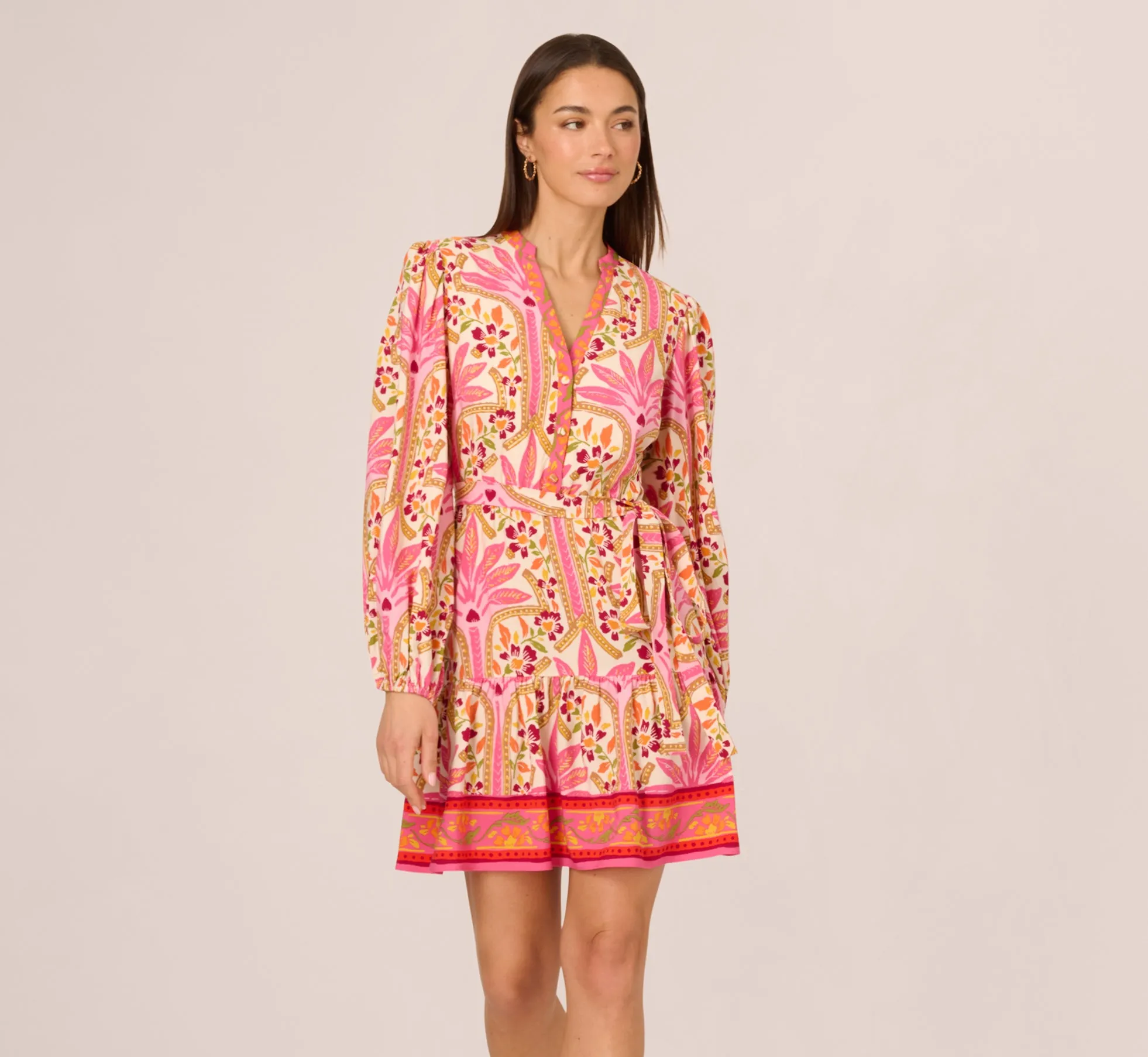 Long Sleeve Printed Short Flounce Dress In Pink Multi sold by Adrianna Papell