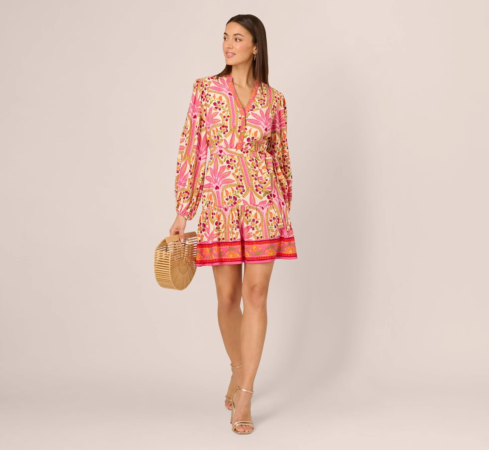 Long Sleeve Printed Short Flounce Dress In Pink Multi sold by Adrianna Papell product image thumbnail 2