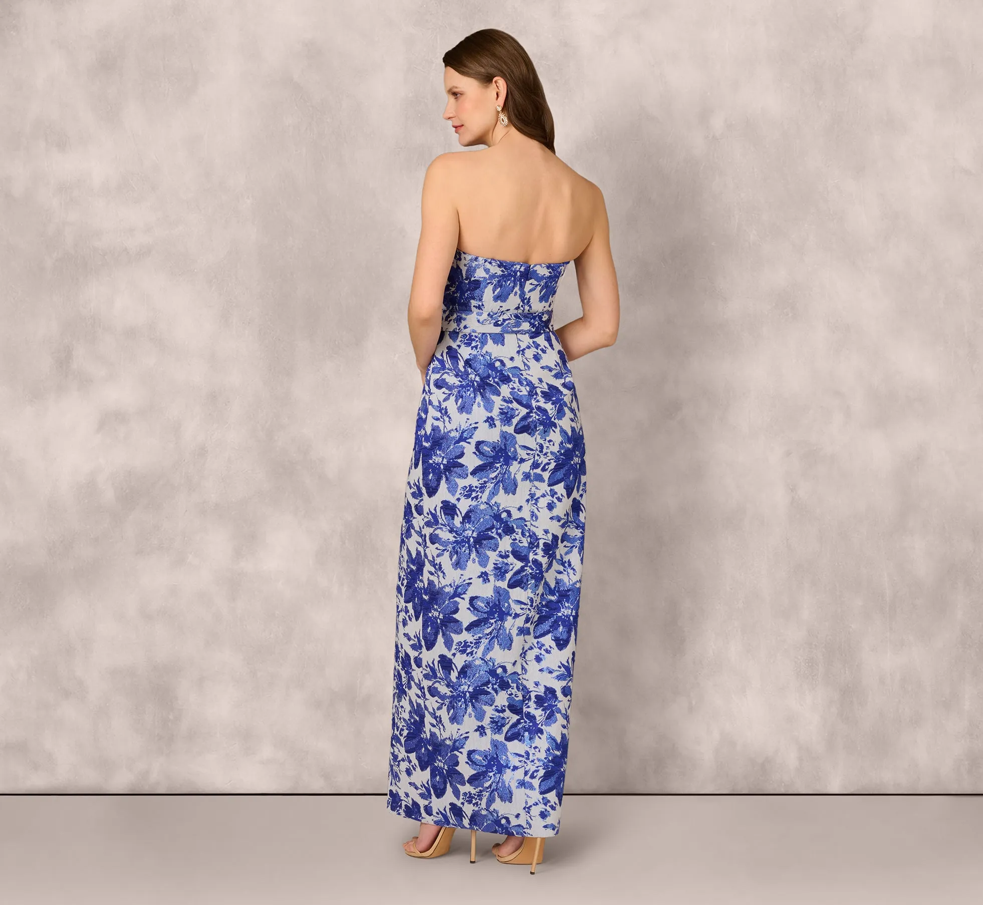 Strapless Belted Floral Jacquard Column Gown In Rich Royal sold by Adrianna Papell product image thumbnail 5