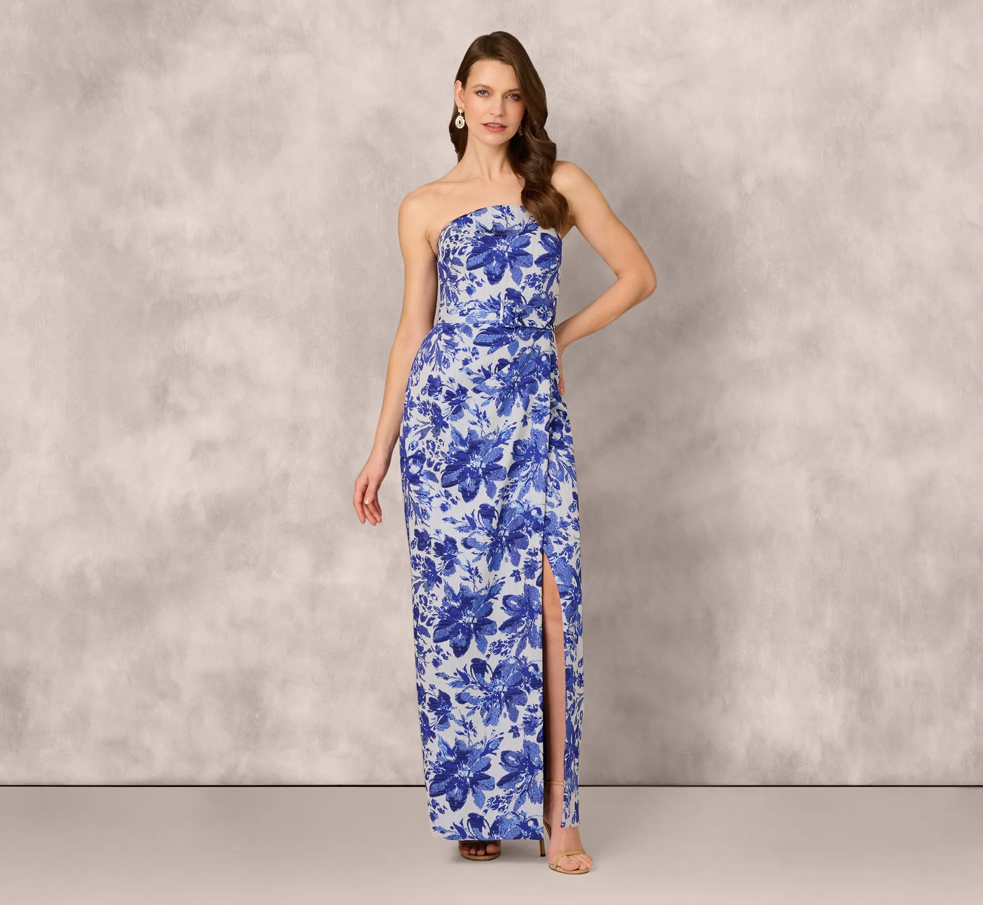Strapless Belted Floral Jacquard Column Gown In Rich Royal sold by Adrianna Papell