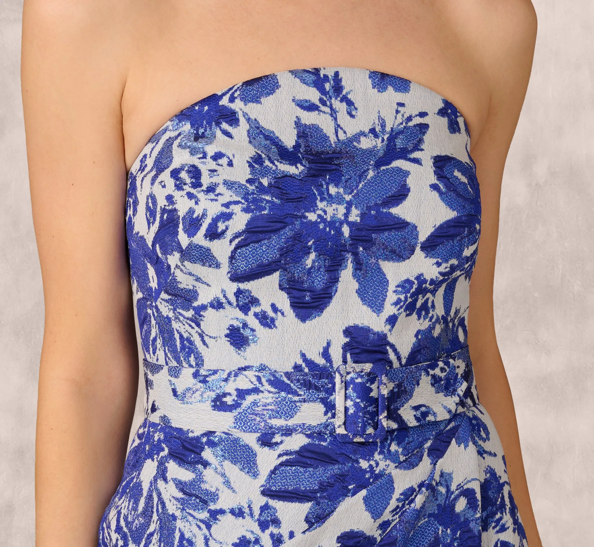 Strapless Belted Floral Jacquard Column Gown In Rich Royal sold by Adrianna Papell product image thumbnail 3