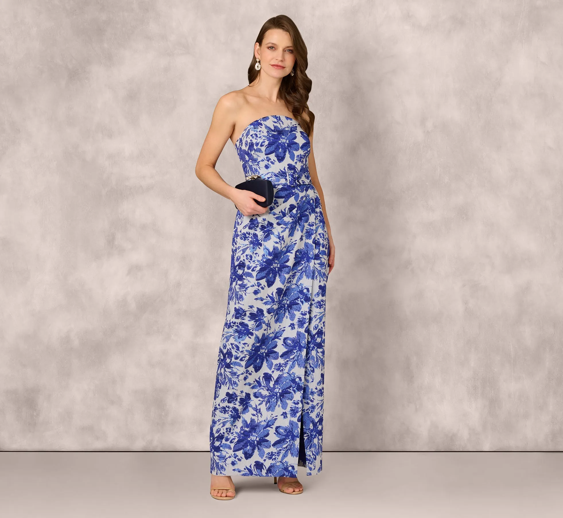 Strapless Belted Floral Jacquard Column Gown In Rich Royal sold by Adrianna Papell product image thumbnail 2