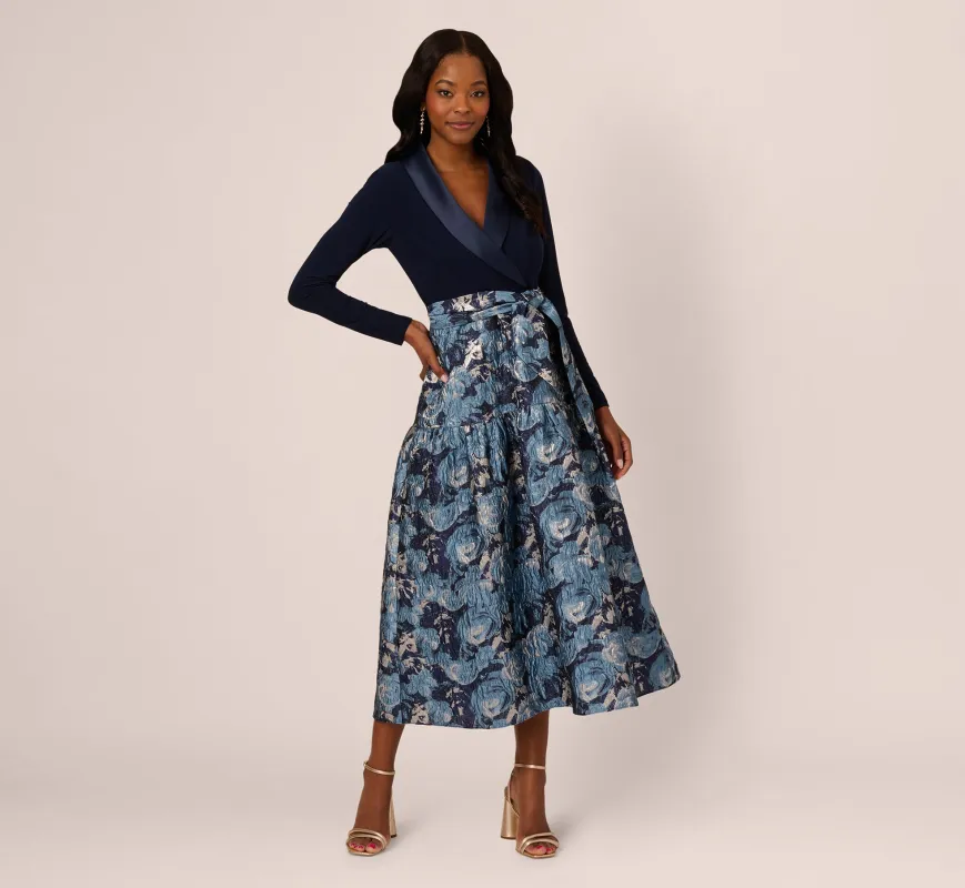 Long Sleeve Tuxedo Jacquard Combo Gown In Midnight Multi made by Adrianna Papell