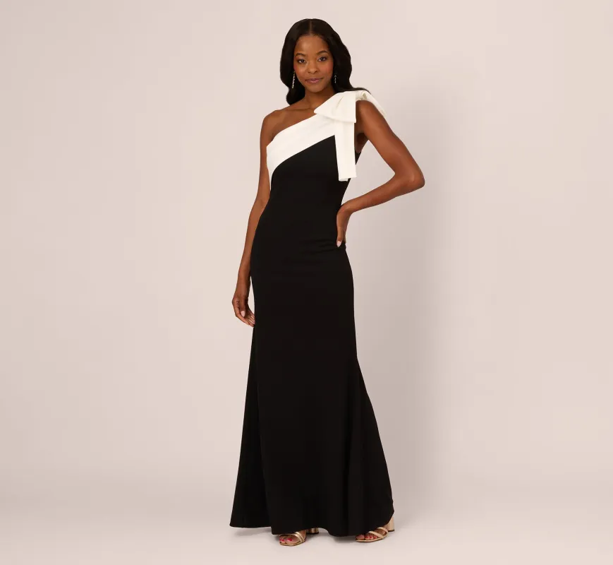 One Shoulder Color Block Bow Gown In Black Ivory sold by Adrianna Papell