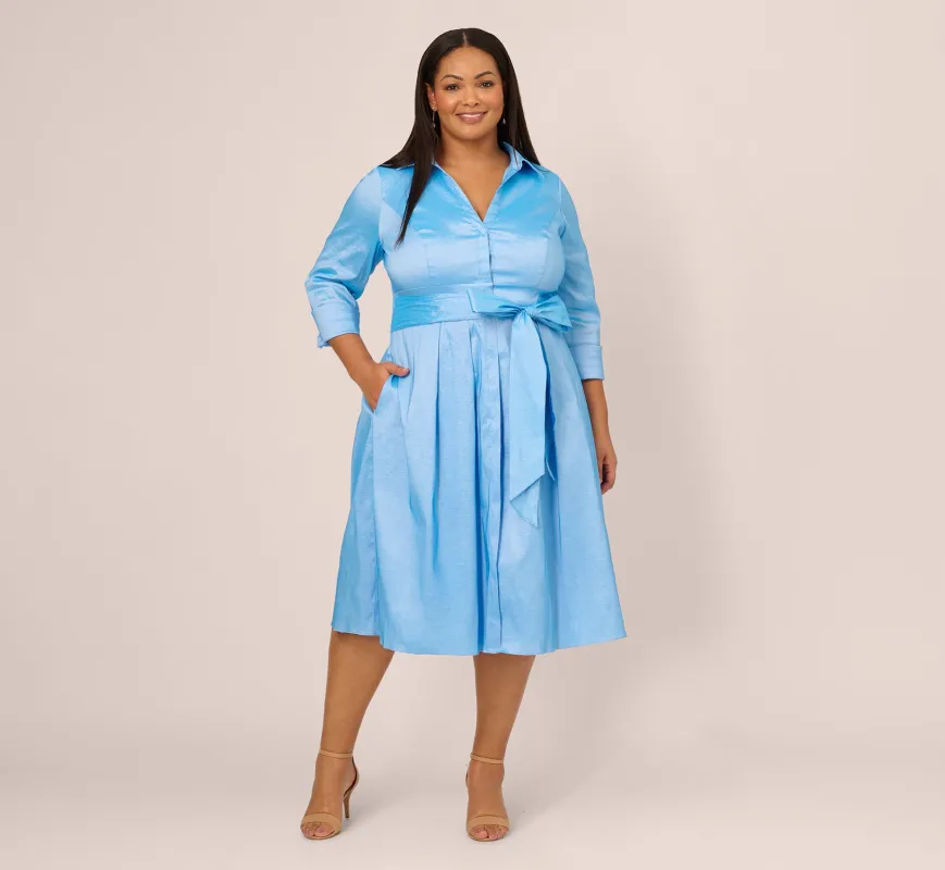 Plus Size Three Quarter Sleeve Taffeta Midi Shirt Dress In Bluebell sold by Adrianna Papell