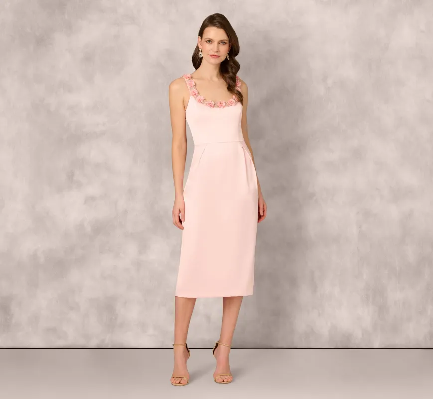 Sleeveless Satin Rosette Midi Sheath Dress In Pink Peach sold by Adrianna Papell