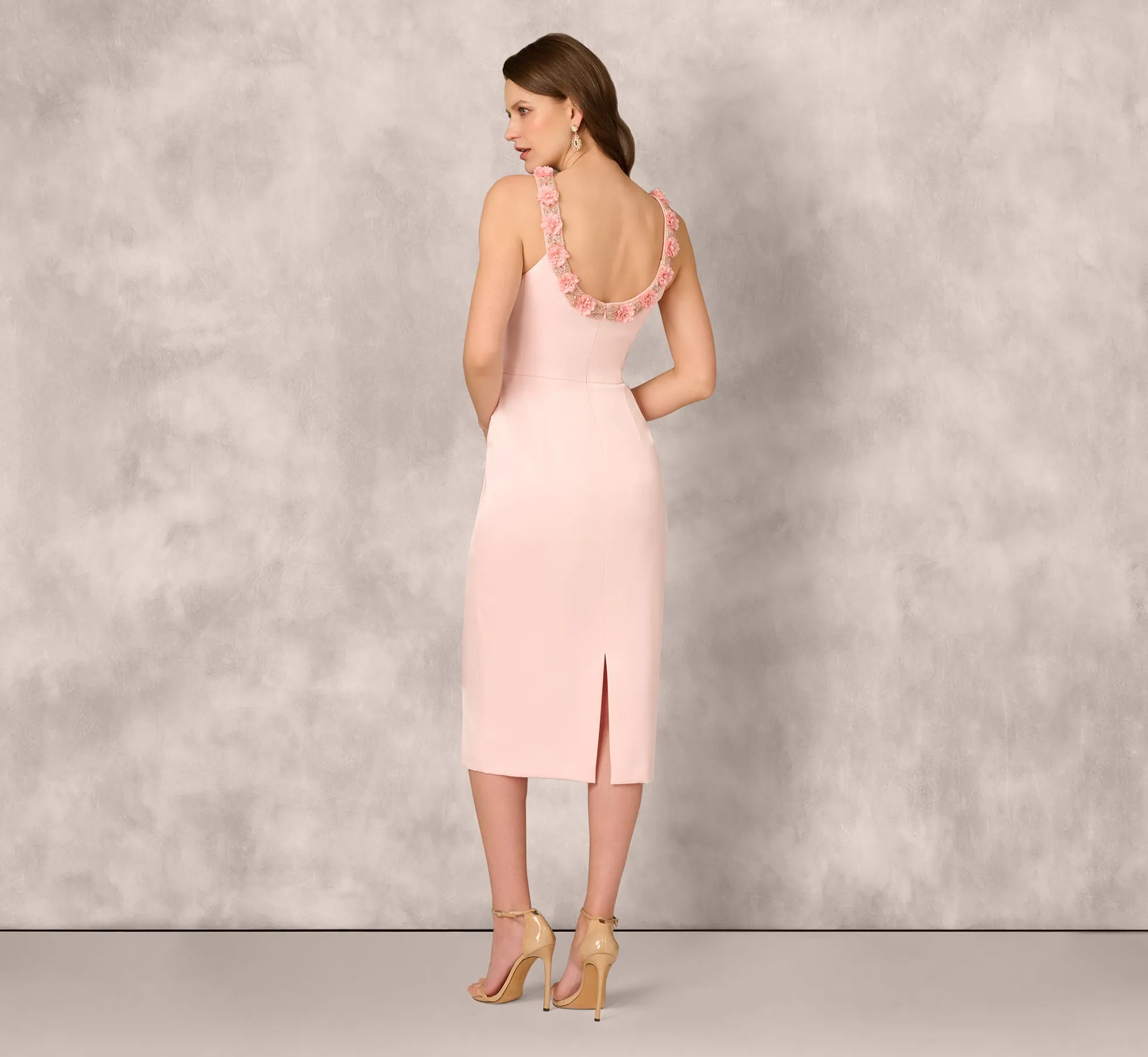 Sleeveless Satin Rosette Midi Sheath Dress In Pink Peach sold by Adrianna Papell product image thumbnail 2