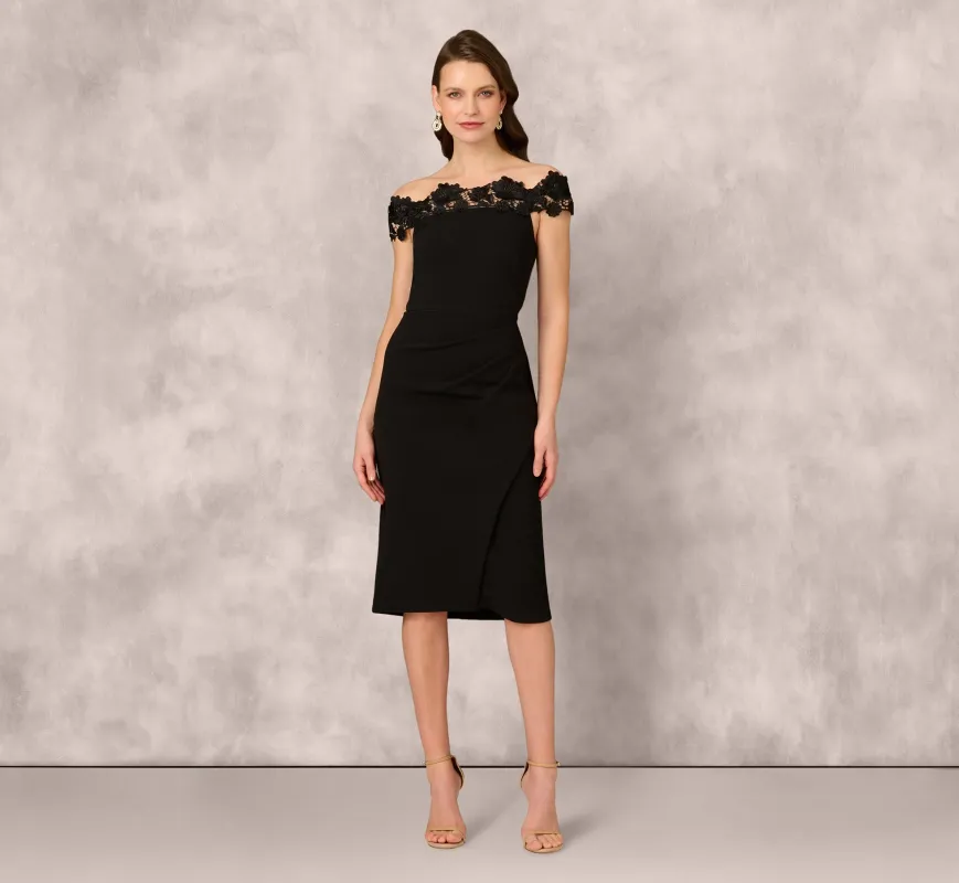 Off Shoulder Lace Trim Midi Sheath Dress In Black sold by Adrianna Papell