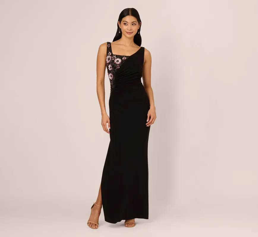 Sleeveless Asymmetrical Floral Beaded Jersey Gown In Black Multi sold by Adrianna Papell