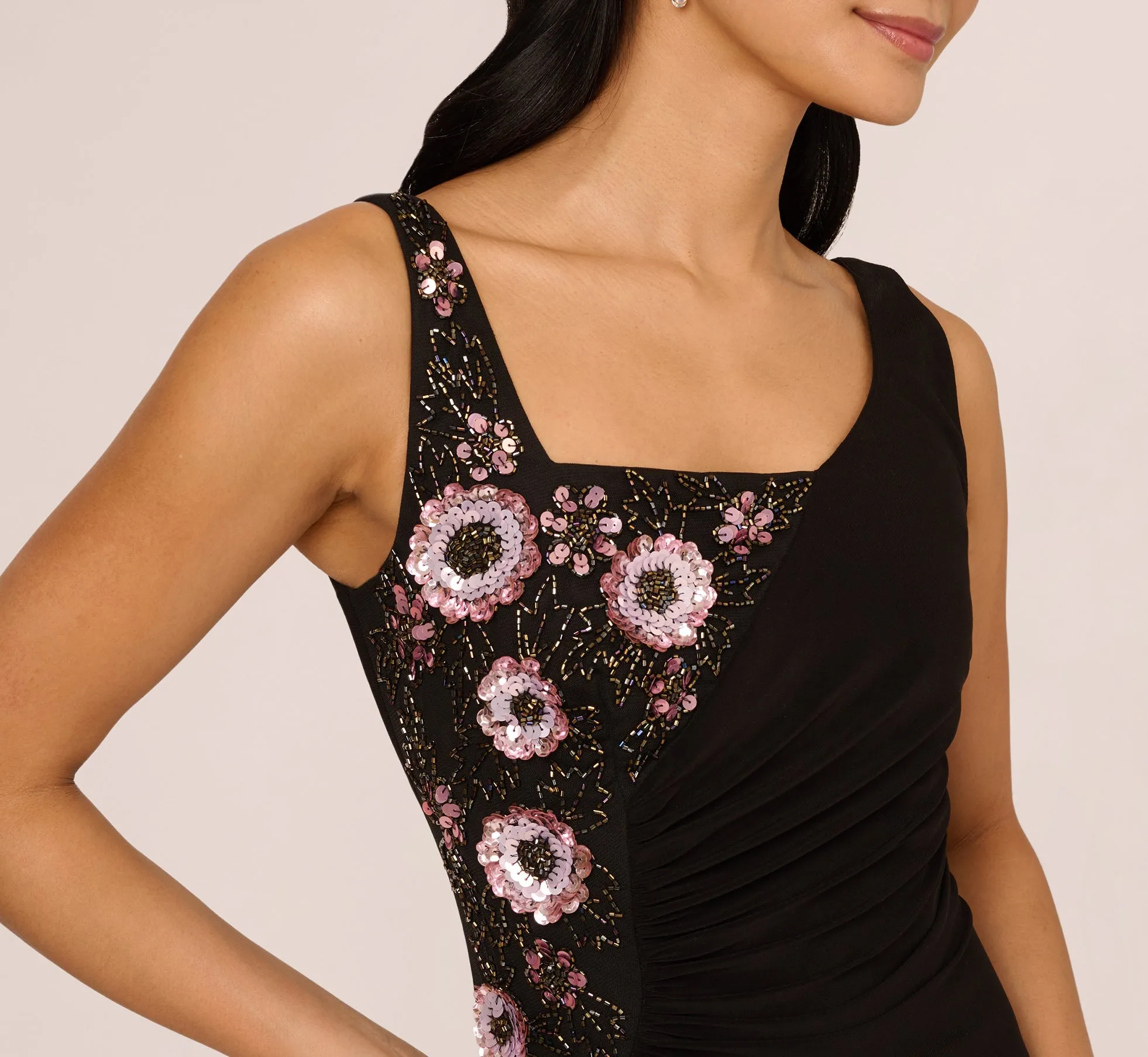 Sleeveless Asymmetrical Floral Beaded Jersey Gown In Black Multi sold by Adrianna Papell product image thumbnail 5