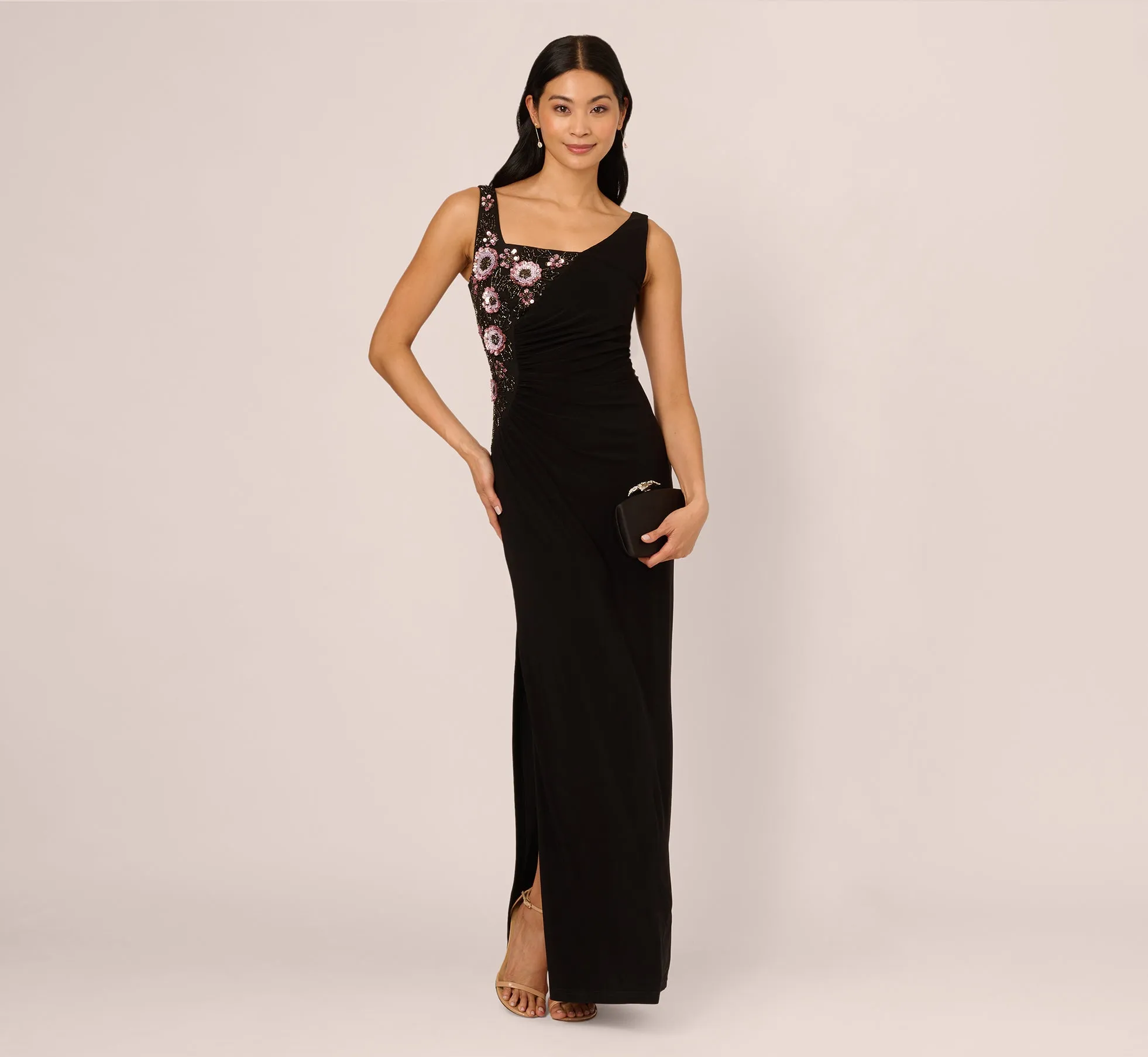 Sleeveless Asymmetrical Floral Beaded Jersey Gown In Black Multi sold by Adrianna Papell product image thumbnail 4