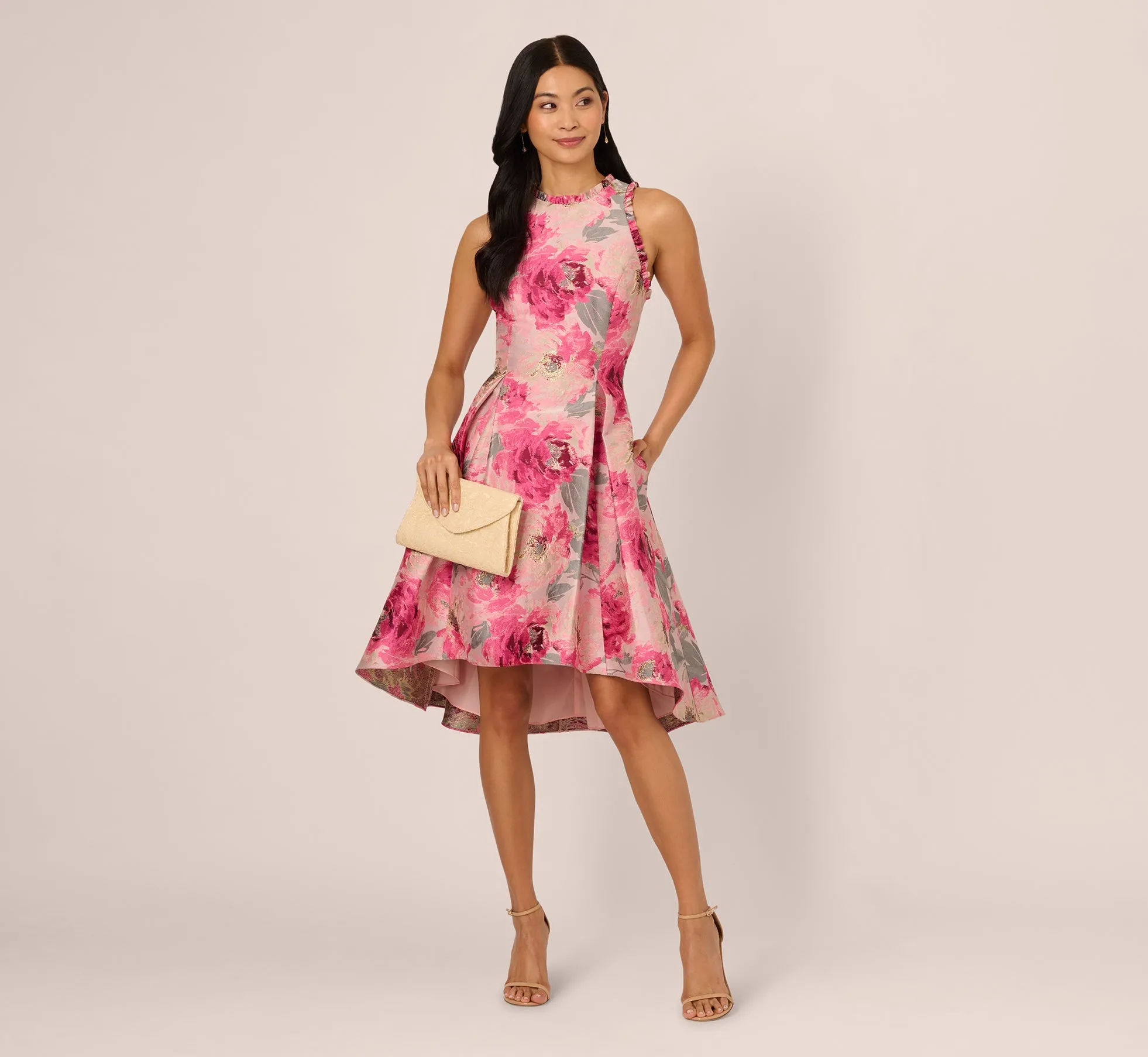 Sleeveless Floral Jacquard Fit And Flare High Low Dress In Pink Multi sold by Adrianna Papell product image thumbnail 4