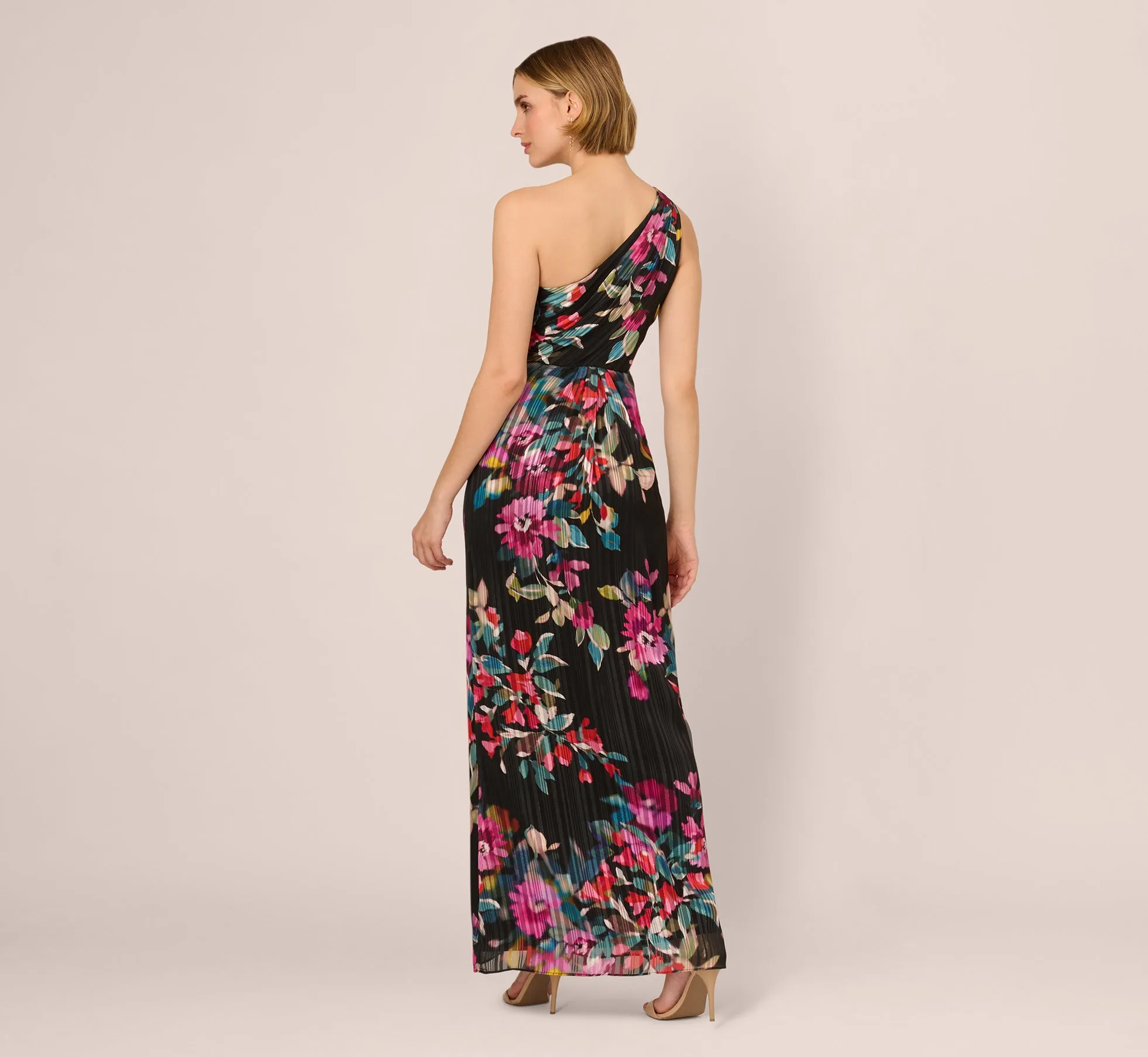 One Shoulder Metallic Floral Stripe Gown In Black Multi sold by Adrianna Papell product image thumbnail 2