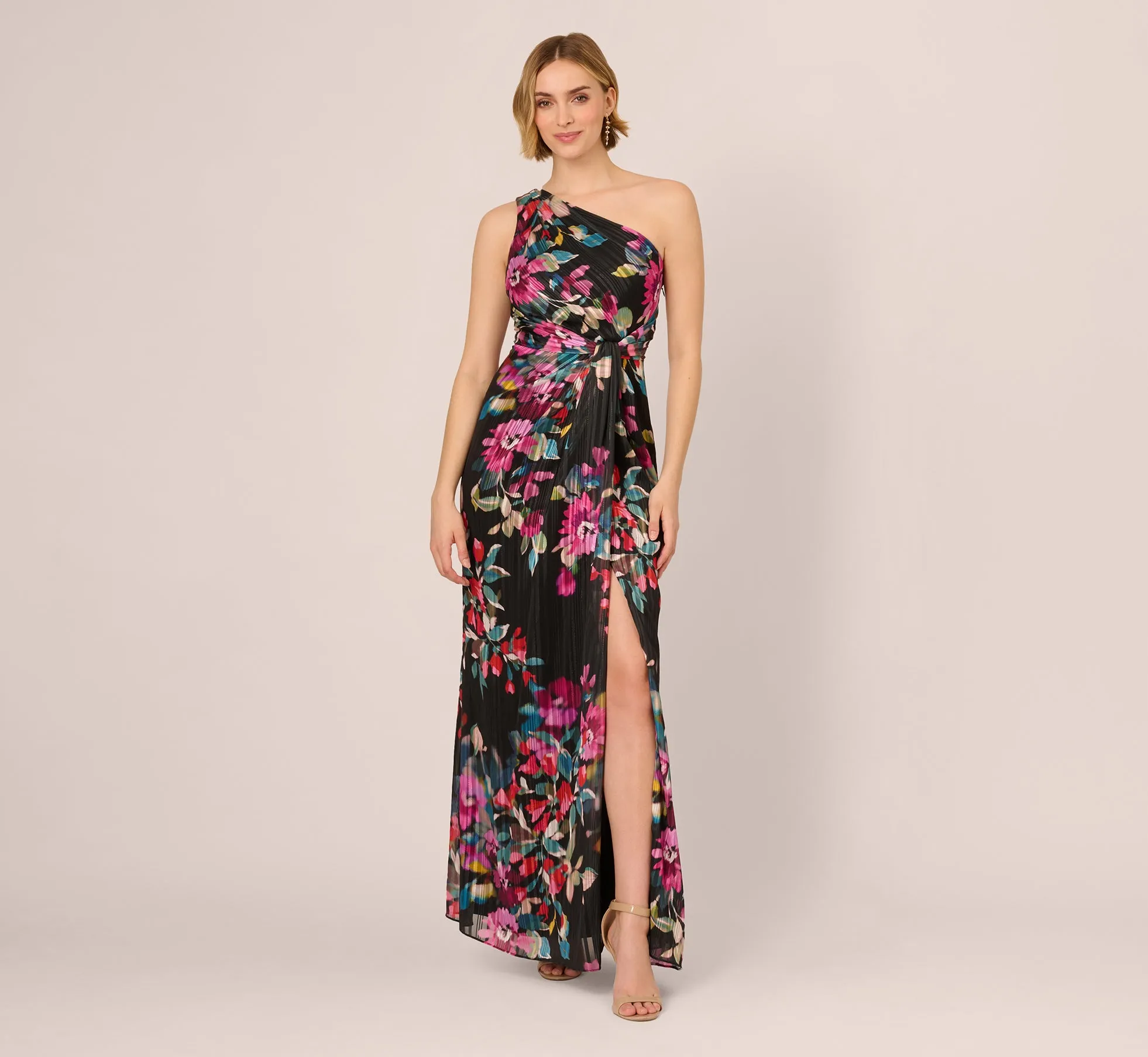 One Shoulder Metallic Floral Stripe Gown In Black Multi sold by Adrianna Papell