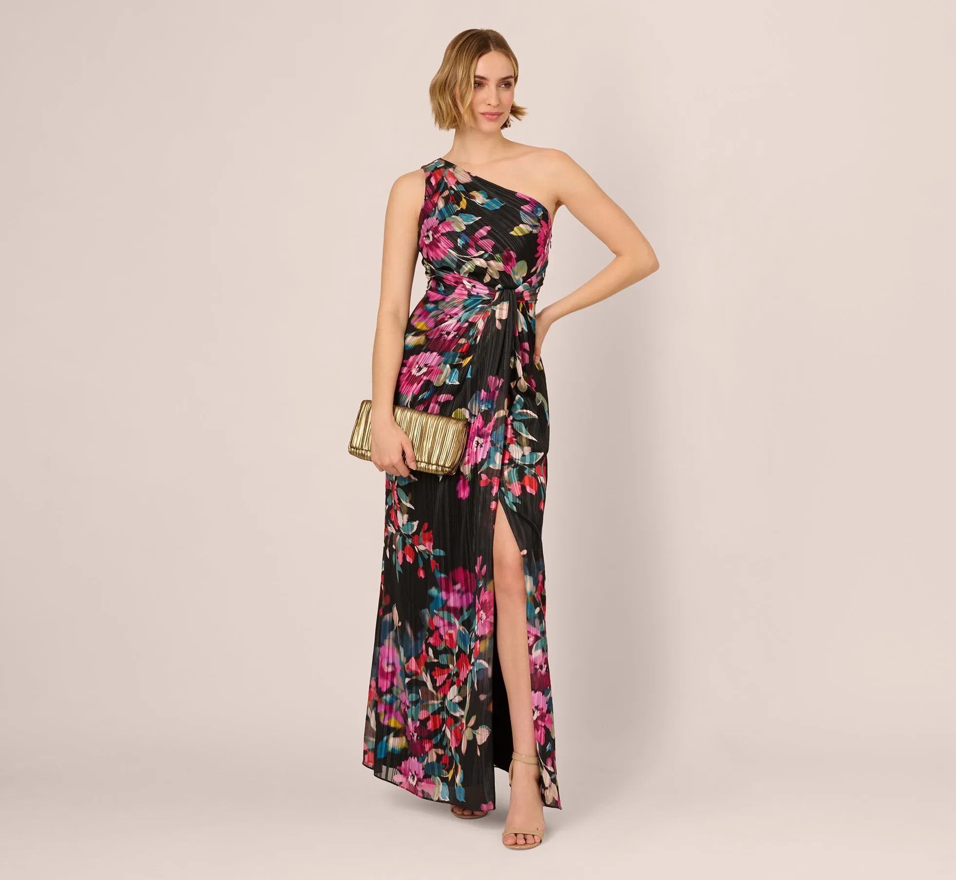 One Shoulder Metallic Floral Stripe Gown In Black Multi sold by Adrianna Papell product image thumbnail 4