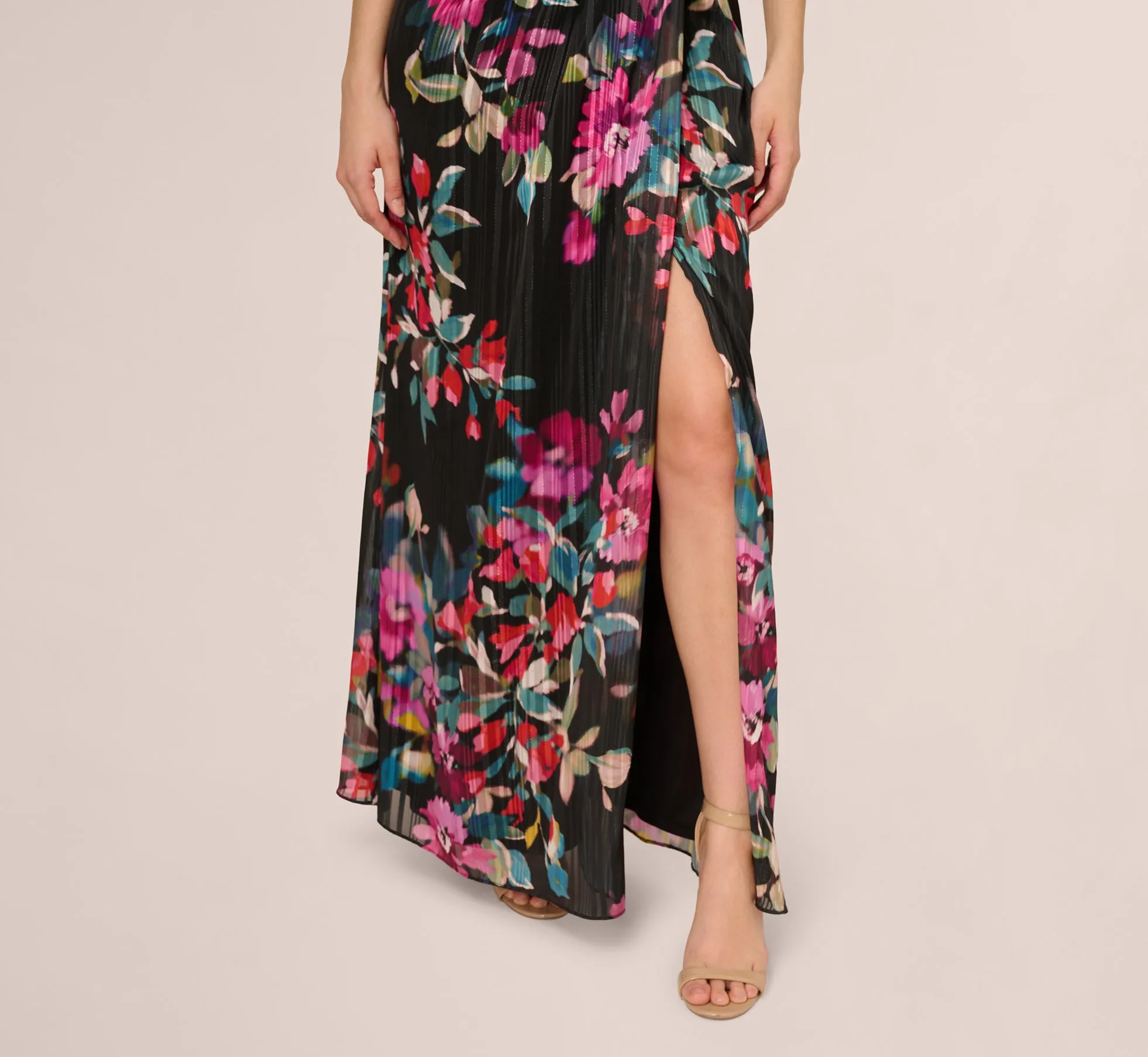 One Shoulder Metallic Floral Stripe Gown In Black Multi sold by Adrianna Papell product image thumbnail 5