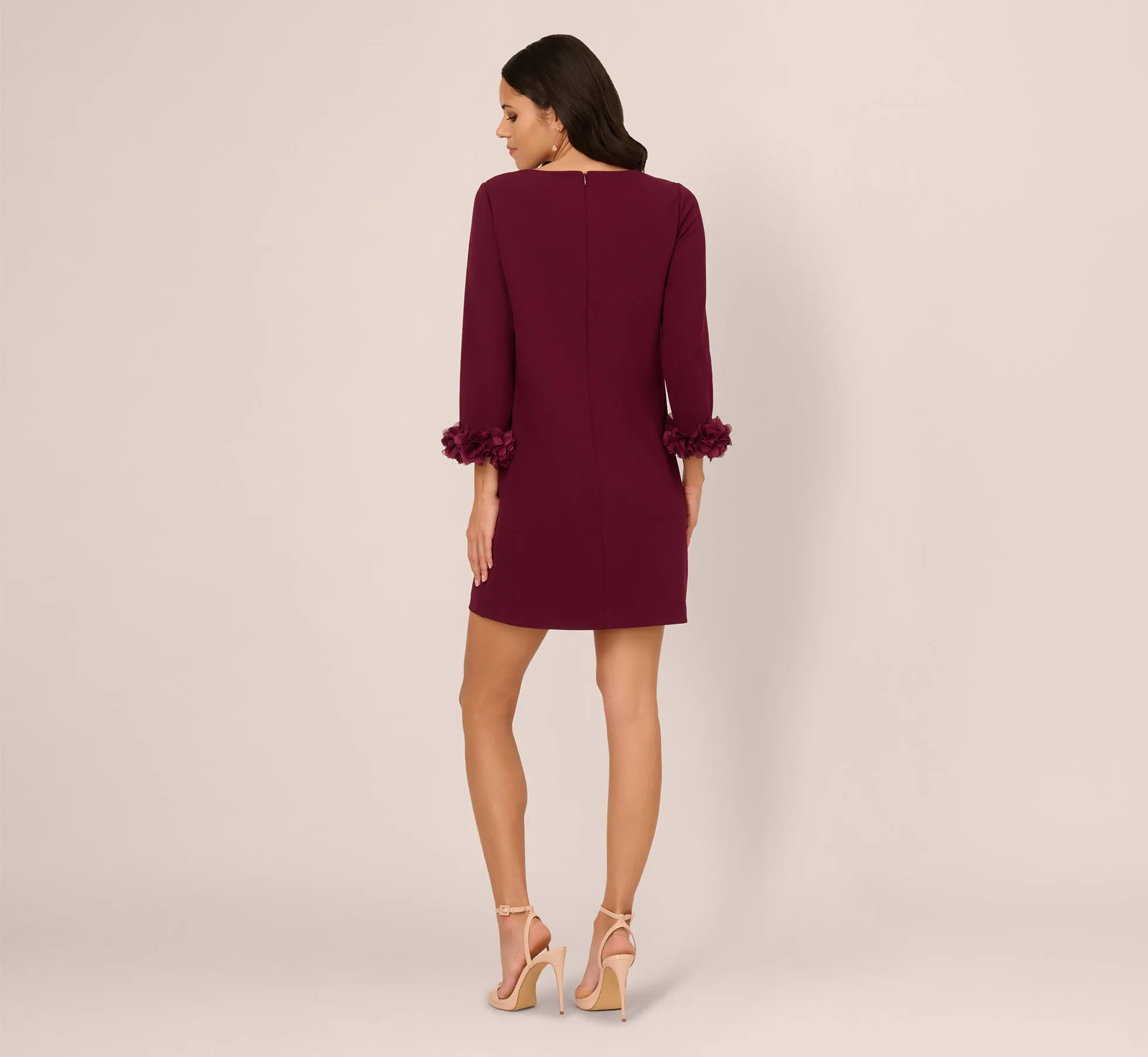 Three Quarter Sleeve Shift Dress With Floral Embellished Cuffs In Cabernet sold by Adrianna Papell product image thumbnail 2