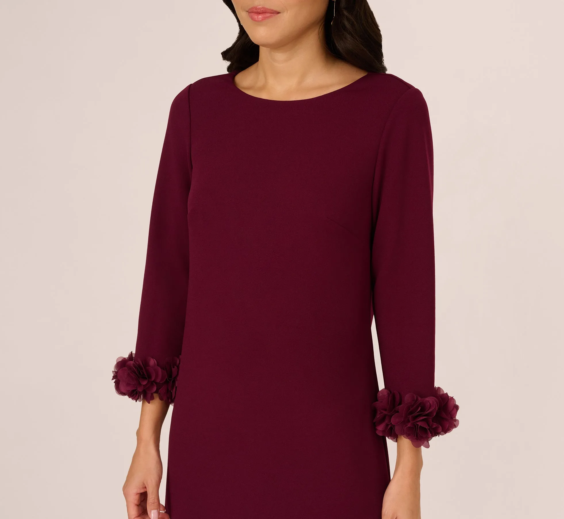 Three Quarter Sleeve Shift Dress With Floral Embellished Cuffs In Cabernet sold by Adrianna Papell product image thumbnail 5