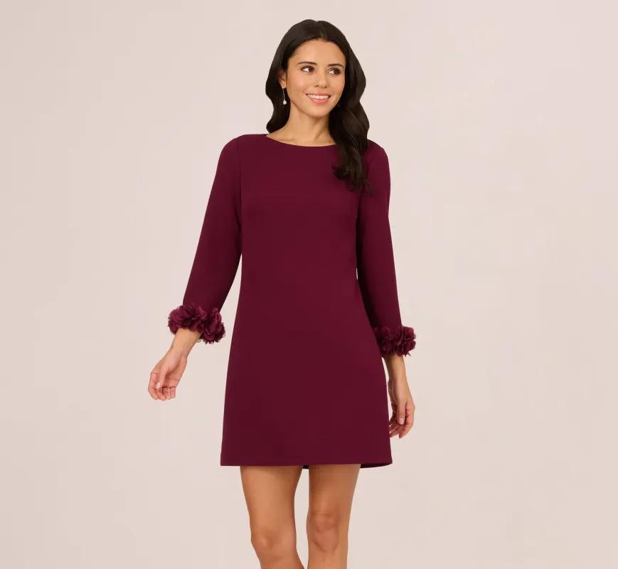 Three Quarter Sleeve Shift Dress With Floral Embellished Cuffs In Cabernet sold by Adrianna Papell