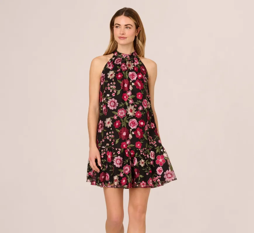 Floral Embroidered Trapeze Halter Dress In Pink Multi sold by Adrianna Papell