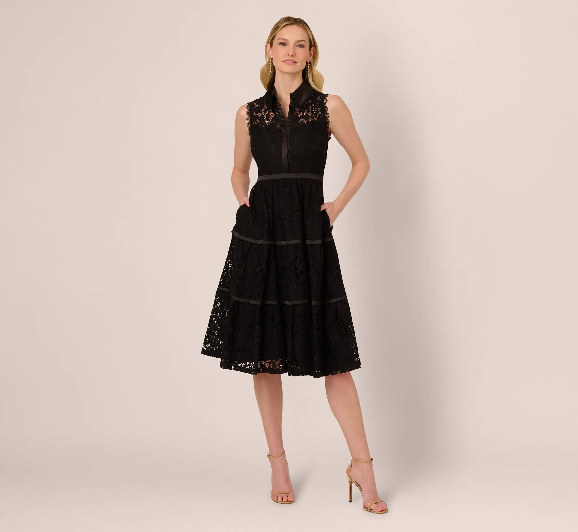 Sleeveless Collared Lace Fit And Flare Dress In Black sold by Adrianna Papell