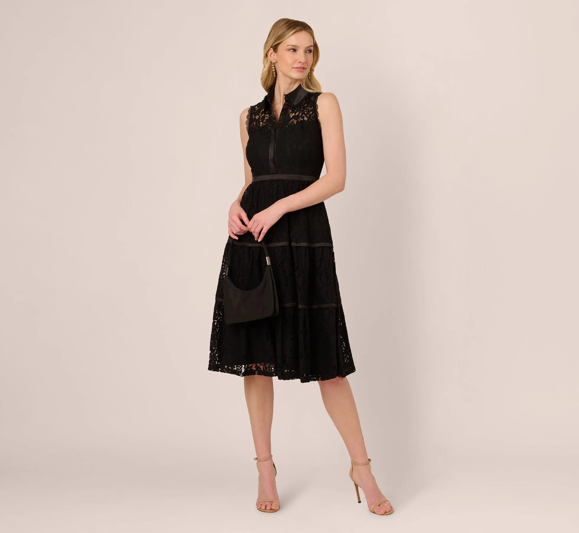 Sleeveless Collared Lace Fit And Flare Dress In Black sold by Adrianna Papell product image thumbnail 4