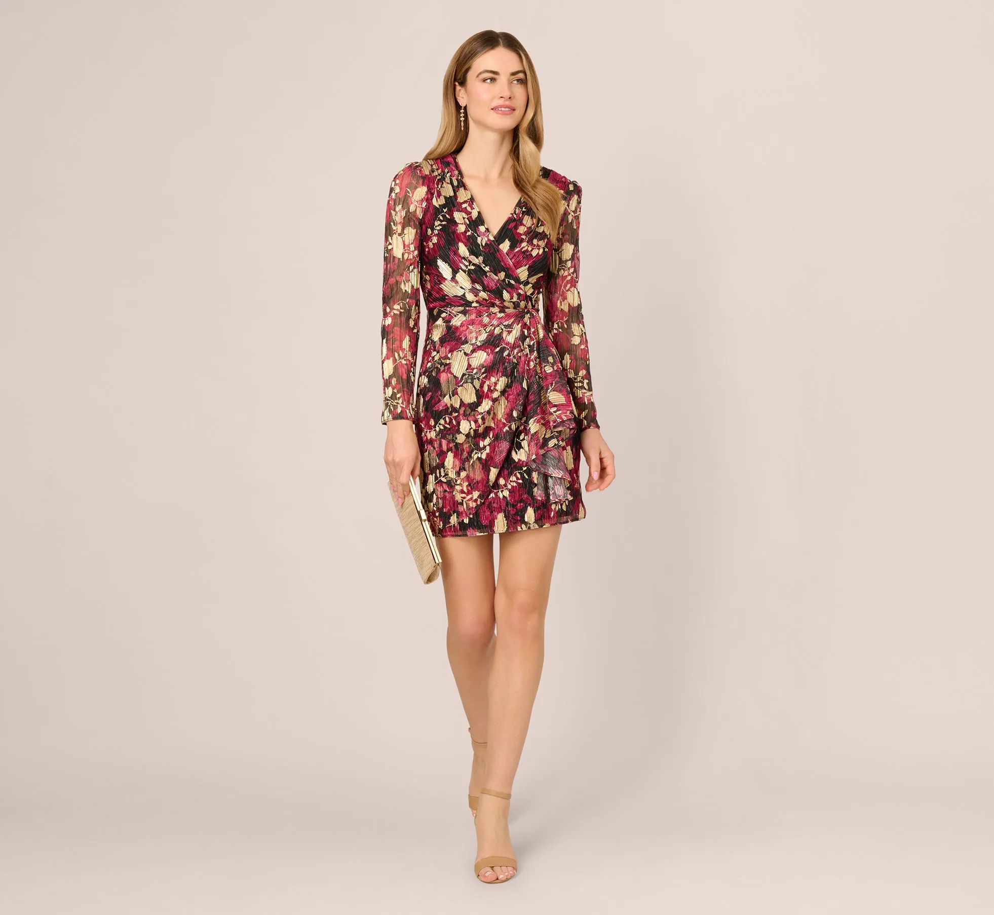 Crinkle Foil Wrap Dress In Fuchsia Gold sold by Adrianna Papell product image thumbnail 4