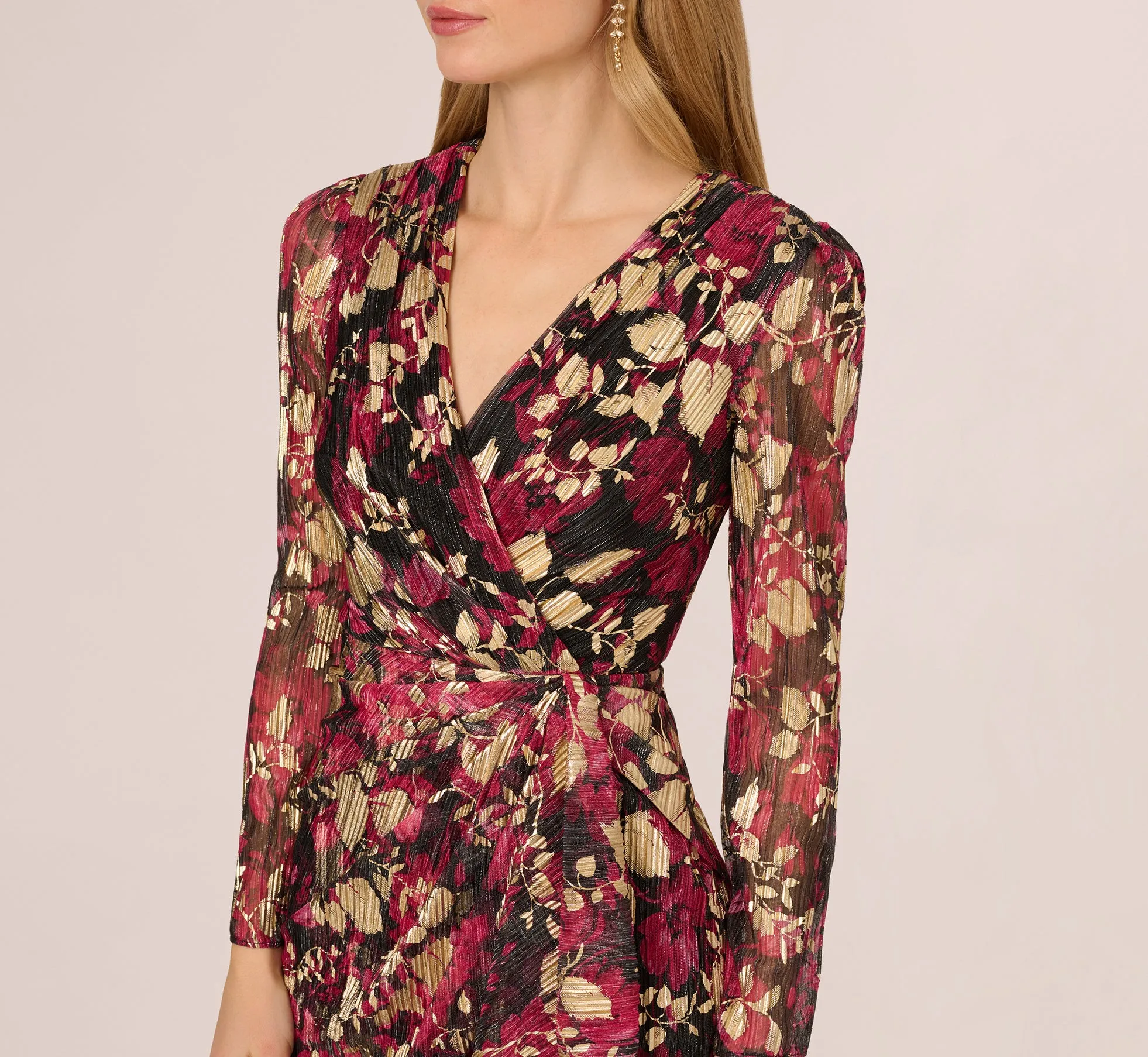 Crinkle Foil Wrap Dress In Fuchsia Gold sold by Adrianna Papell product image thumbnail 5