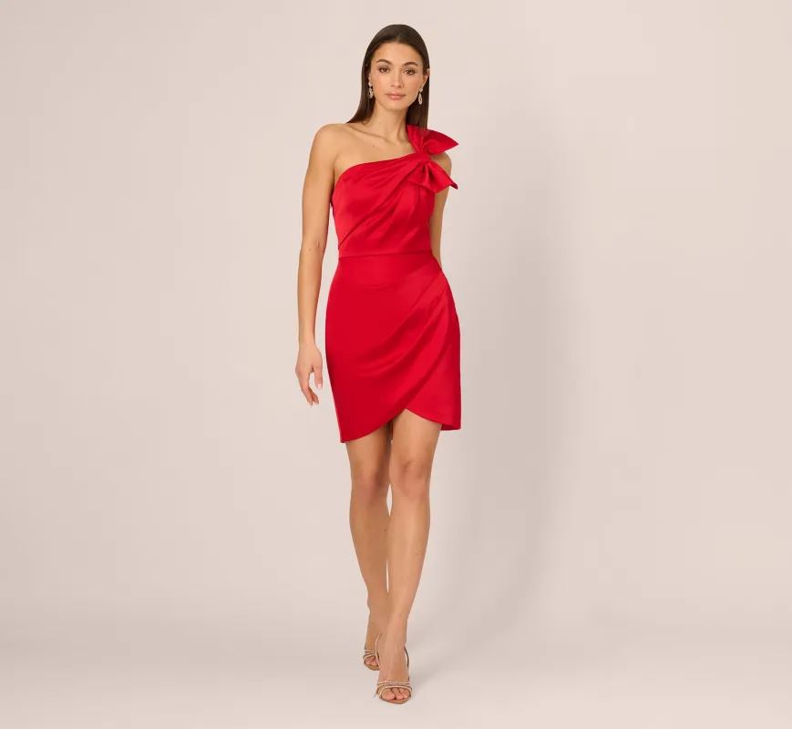 One Shoulder Satin Bow Cocktail Dress In Hot Pepper sold by Adrianna Papell