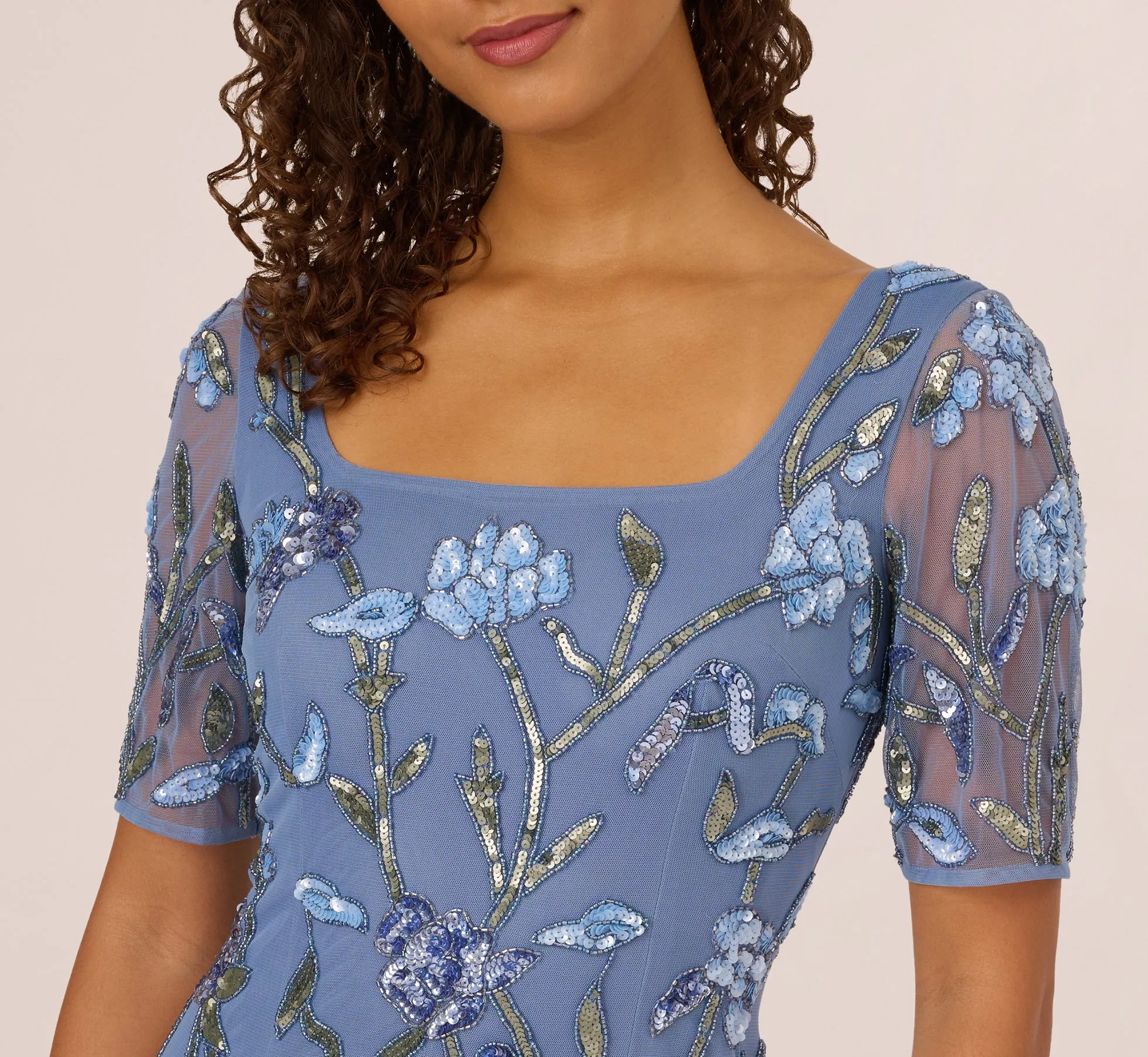 Square Neck Short Sleeve Beaded Godet Gown In French Blue sold by Adrianna Papell product image thumbnail 5