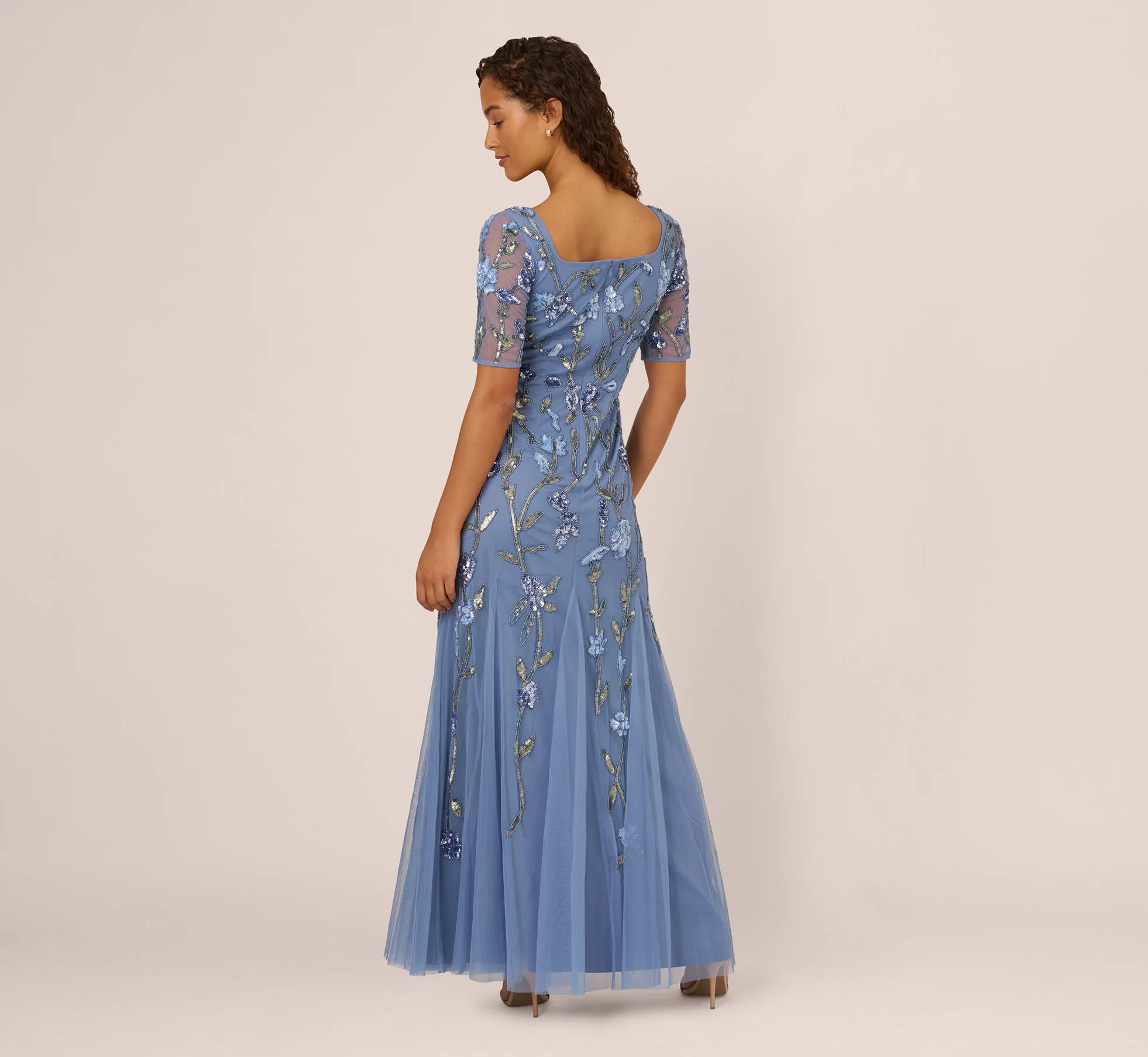 Square Neck Short Sleeve Beaded Godet Gown In French Blue sold by Adrianna Papell product image thumbnail 2