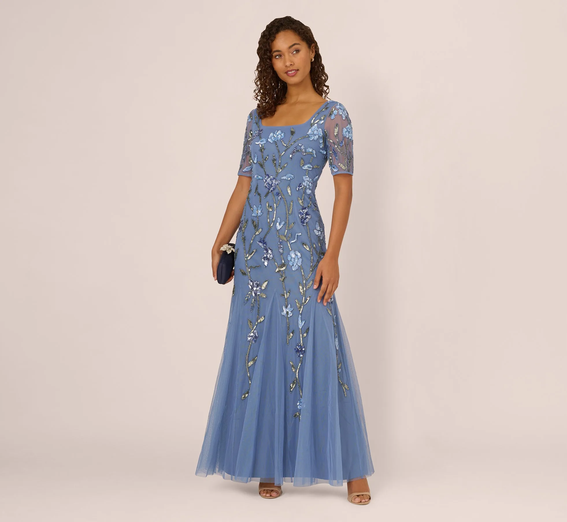 Square Neck Short Sleeve Beaded Godet Gown In French Blue sold by Adrianna Papell product image thumbnail 4