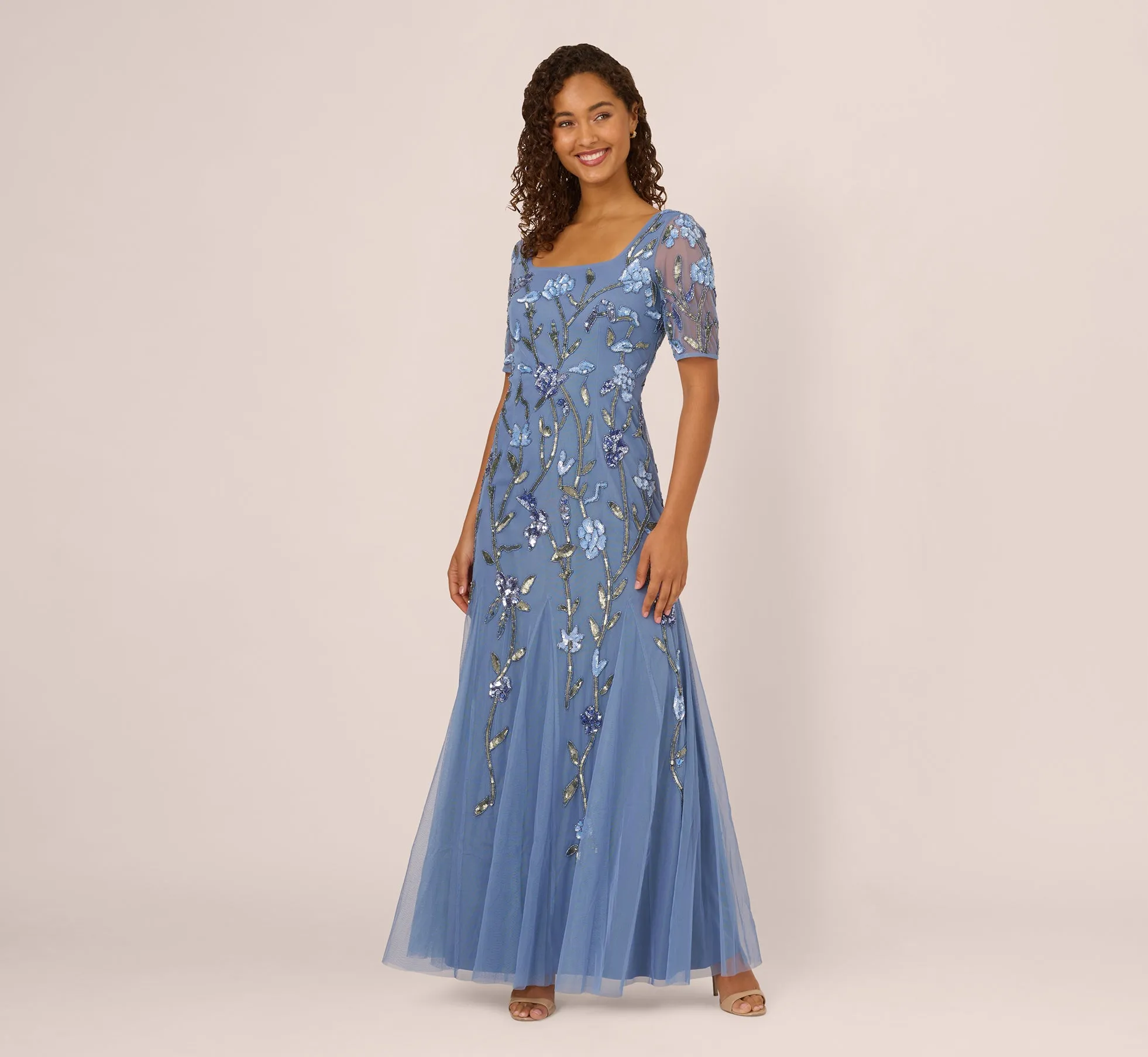 Square Neck Short Sleeve Beaded Godet Gown In French Blue sold by Adrianna Papell